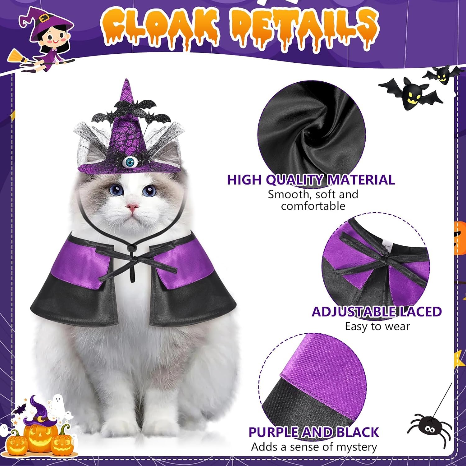 QKURT Halloween Pet Wizard Costume, Witch Cloak & Hat Set for Cats and Small Dog, Pet Cosplay Halloween Party Decoration(L) - Image 3