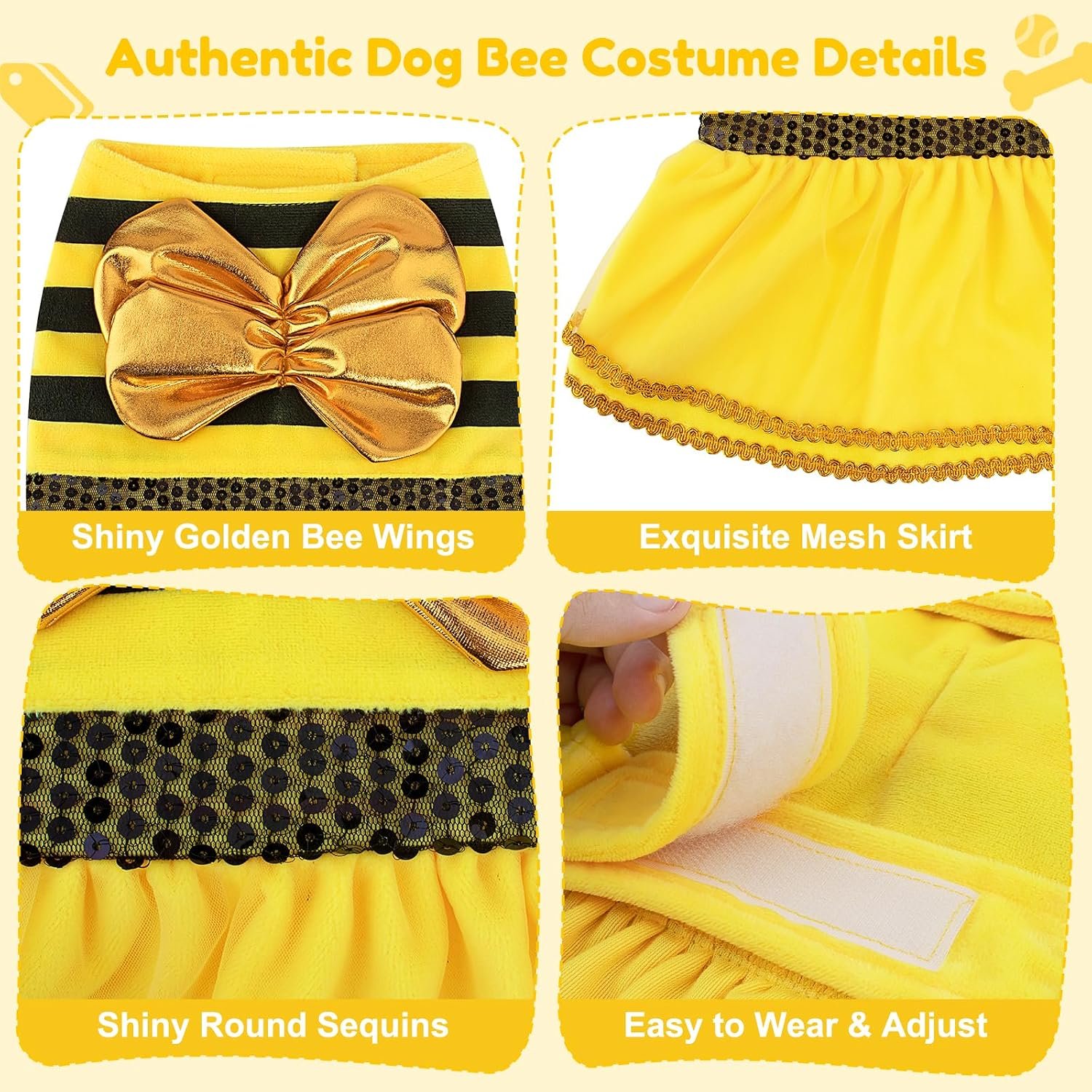 Bee Dog Halloween Costumes, Bumblebee Dog Costume for Small Medium Dogs Cats, Puppy Clothes Outfit Dress with Cap for Halloween Christmas Parties Cosplay Parade - Image 3