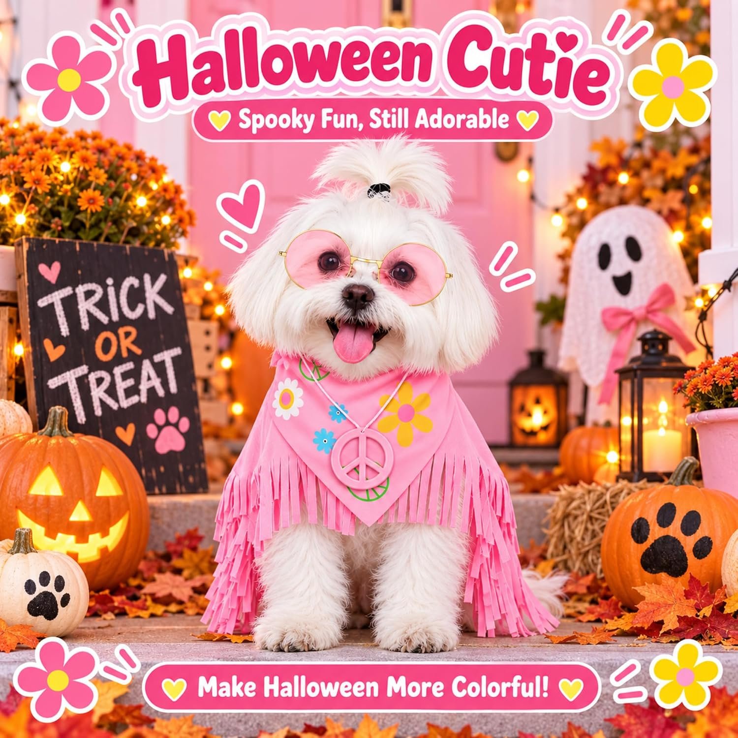 Huhumy Hippie Dog Halloween Costume Funny Dog Outfits with Pink Cloak Bandana Glasses Necklace Dress up Pet Clothes (Small) - Image 4