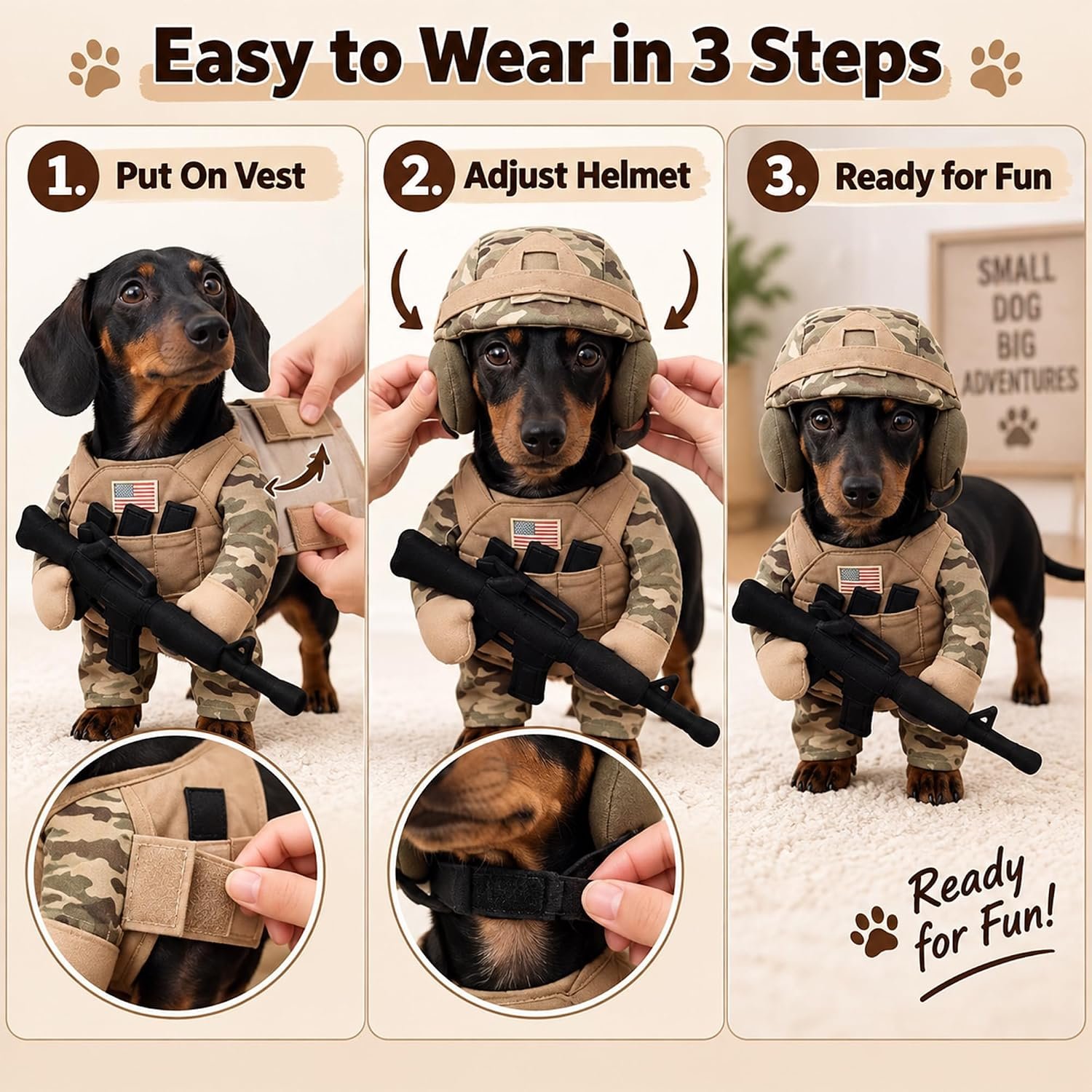 Dog Halloween Costumes with Helmet, Military Uniform for Small Dogs & Cats - Image 3