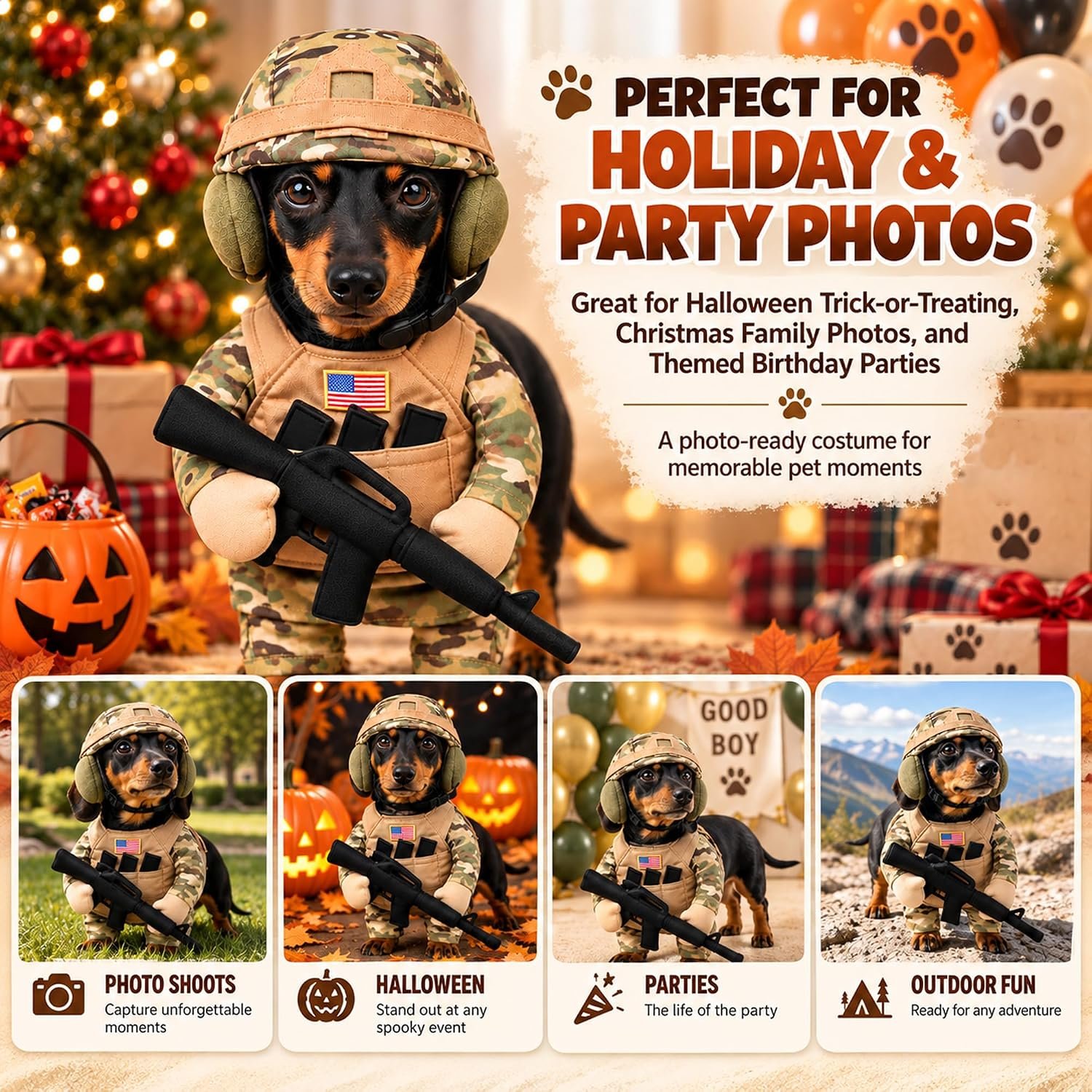 Dog Halloween Costumes with Helmet, Military Uniform for Small Dogs & Cats - Image 8