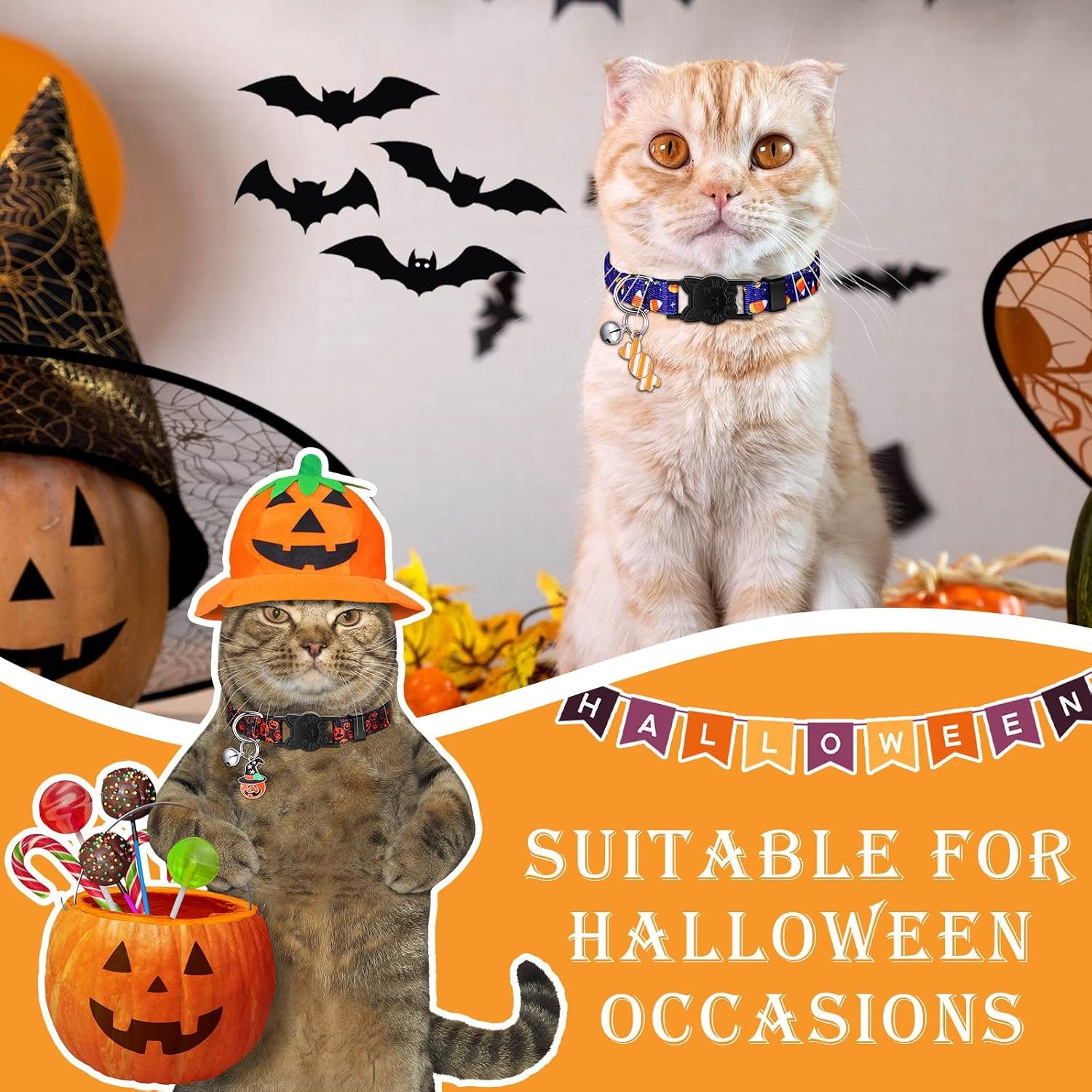 Sanwuta 8 Pcs Halloween Cat Collars Breakaway with Bell, Adjustable Buckle - Image 5