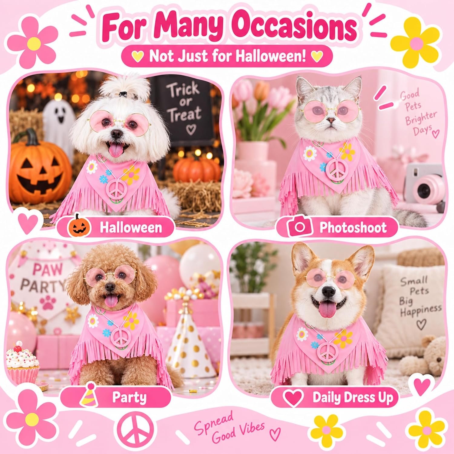 Huhumy Hippie Dog Halloween Costume Funny Dog Outfits with Pink Cloak Bandana Glasses Necklace Dress up Pet Clothes (Small) - Image 6