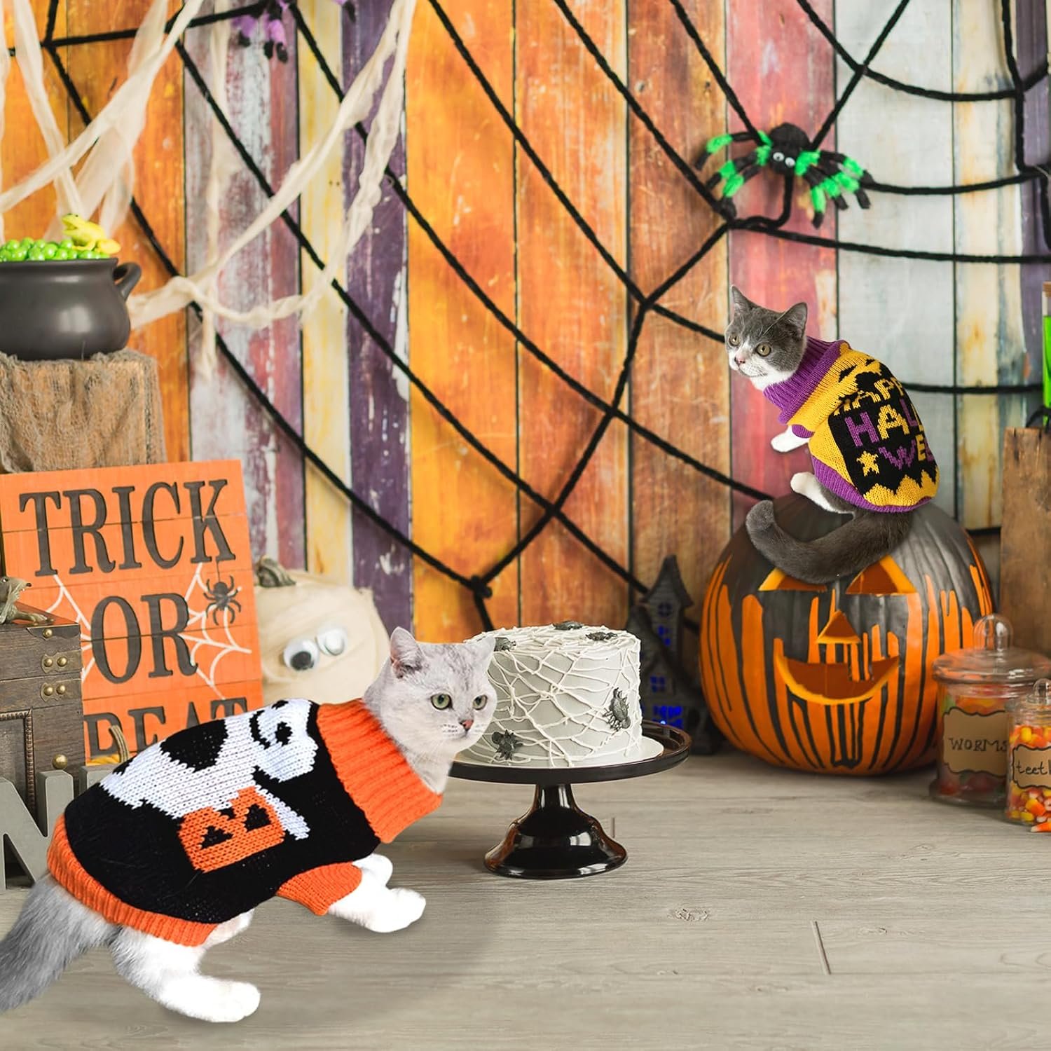 2Pcs Halloween Dog Sweaters Kitten Cat Knitwear Puppy Cat Halloween Pumpkin Ghost Sweater Pet Halloween Sweater Clothes Outfit Costume for Kittens Cats Puppies Small Medium Dogs XS - Image 2