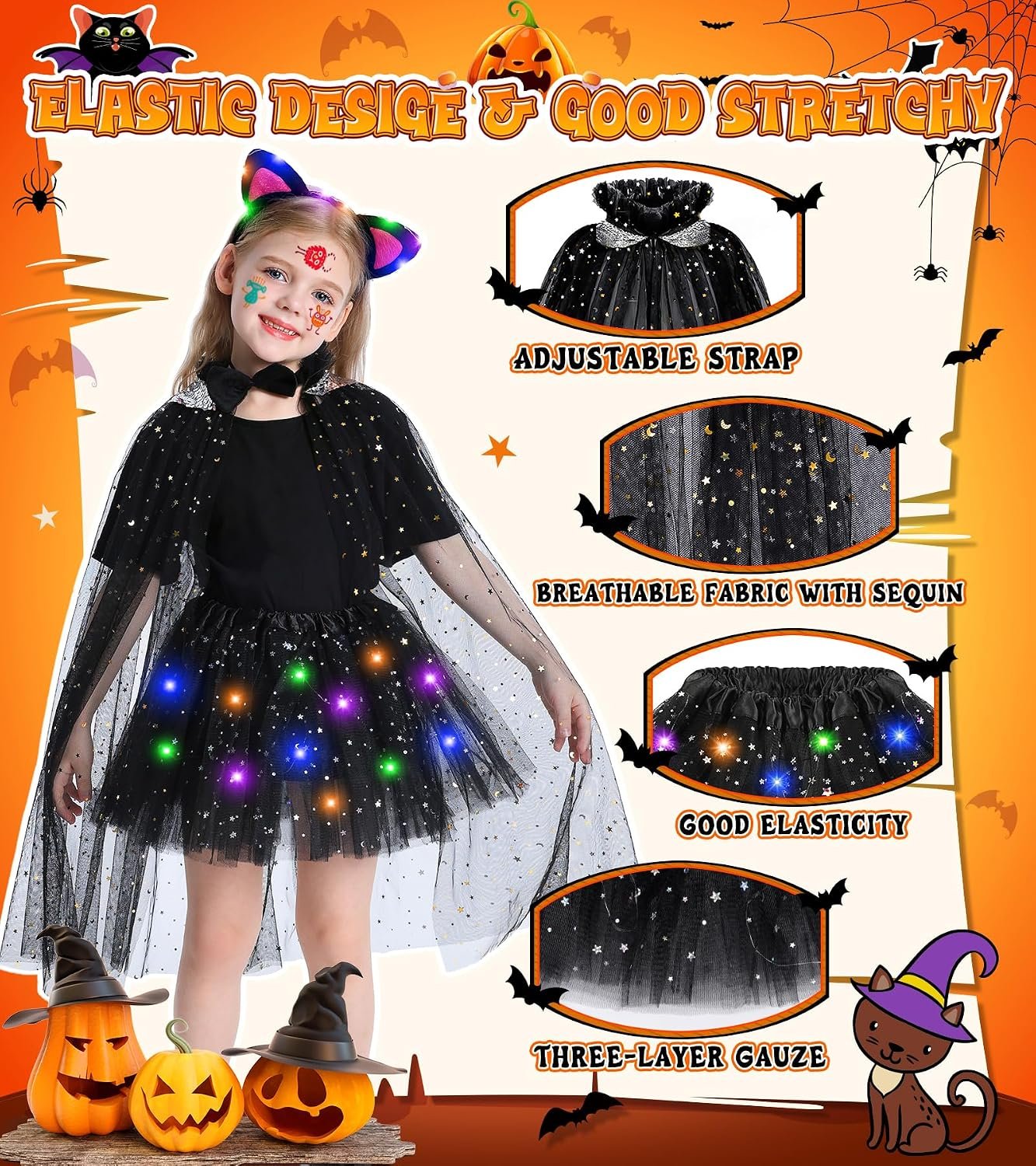 Black Cat Costume & Cape for Girls, Light Up Kid Halloween Costume for Girl - Image 6