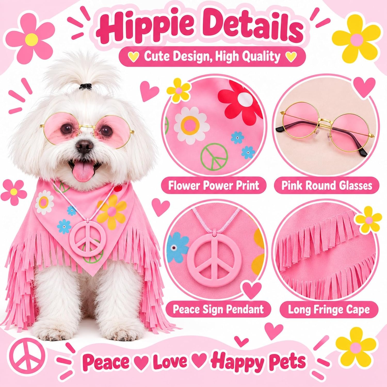 Huhumy Hippie Dog Halloween Costume Funny Dog Outfits with Pink Cloak Bandana Glasses Necklace Dress up Pet Clothes (Small) - Image 7