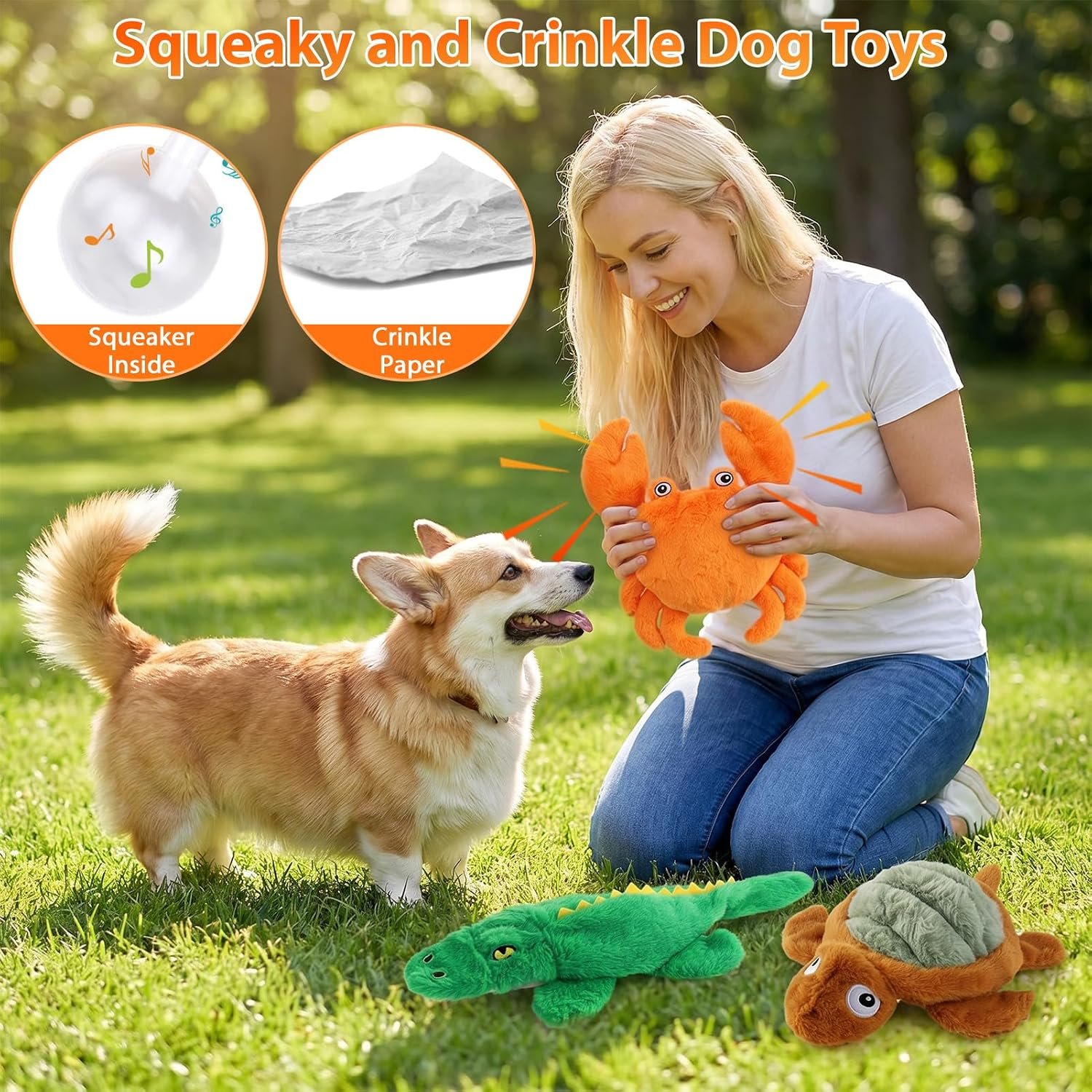 No Stuffing Dog Toys for Puppies, Small & Medium Dogs, 3 Pack Squeaky Crinkle Plush Toys for Teething & Anxiety Relief, Lightweight Interactive Animal Set to Keep Them Busy - Image 4