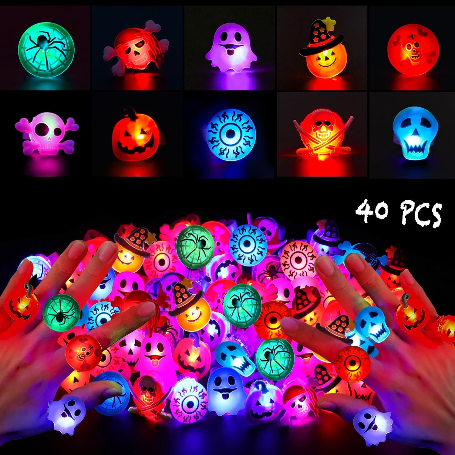 HIPYGYM 100PCS Halloween Party Favors for Kids Boys Girls, Halloween Glow in The Dark Toys Bulk Light Up Necklace LED Rings Halloween Goodie Bag Fillers Treats for Classroom Prizes Trick or Treat - Image 3