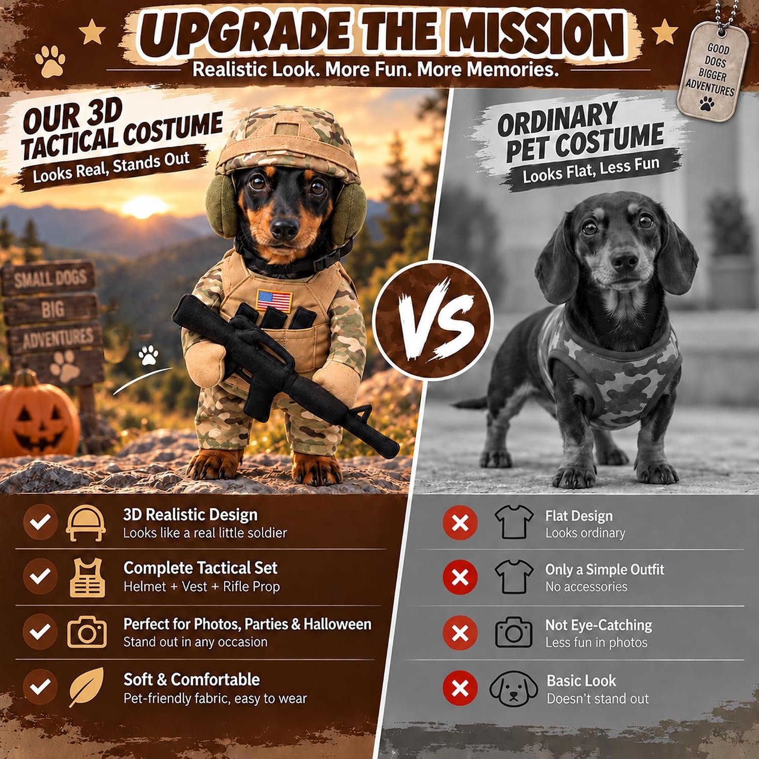Dog Halloween Costumes with Helmet, Military Uniform for Small Dogs & Cats - Image 5