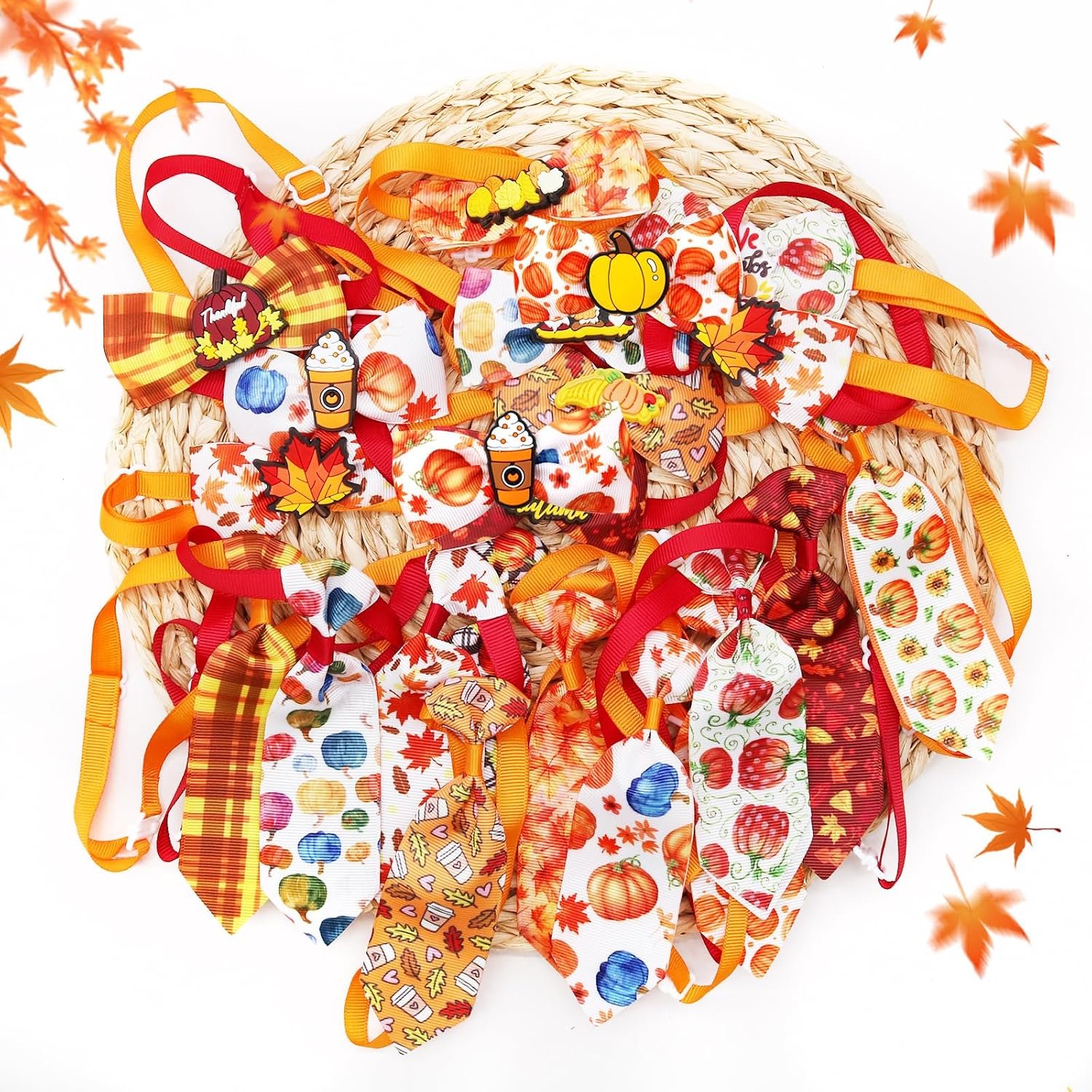 22pcs Fall Dog Bow Tie, Adjustable Bowtie Collar Attachment for Small Medium Pets, Bulk Neckties Set for Thanksgiving Day,Autumn Pet Supplies Charms Hair Costume Accessories(Maple Leaf, Pumpkin) - Image 3