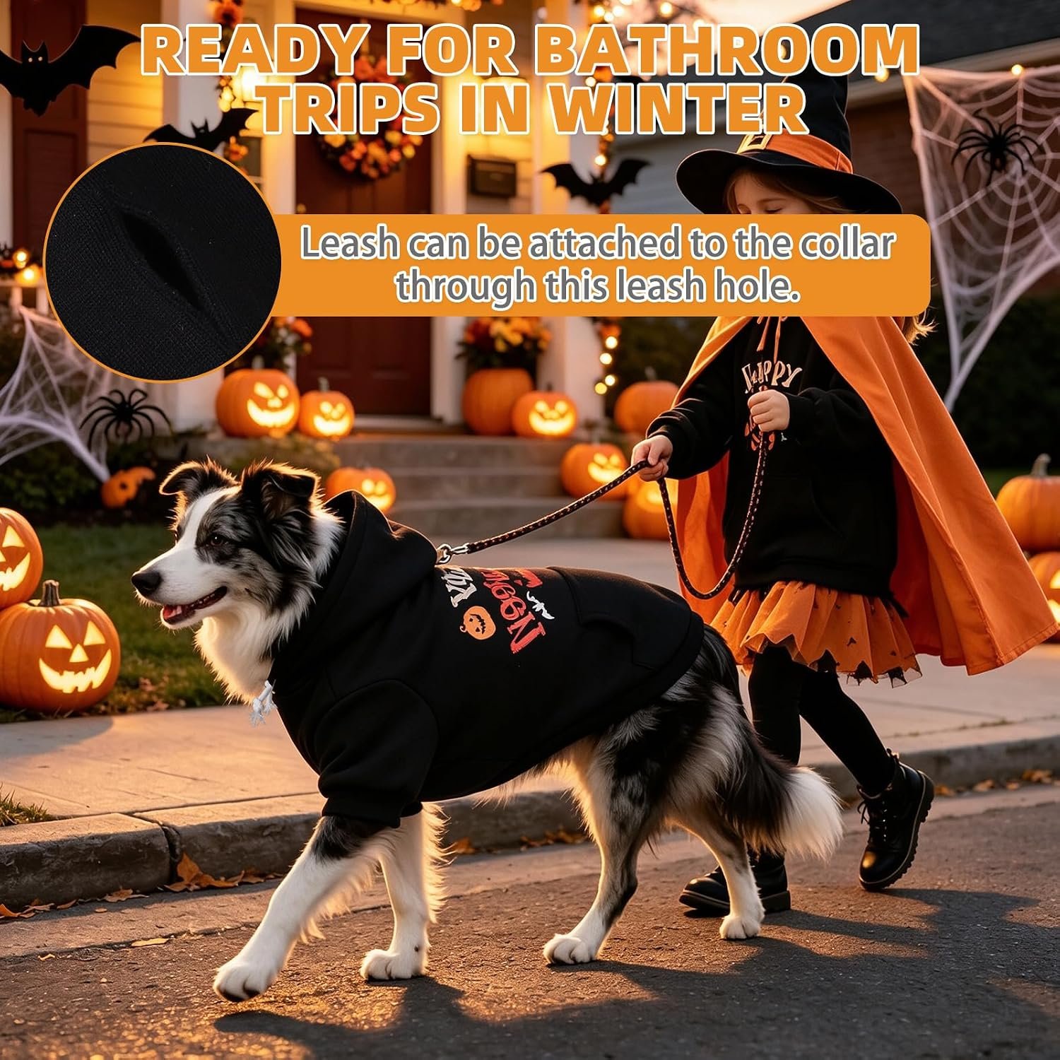 KOOLTAIL Halloween Dog Hoodie for Large Medium Dogs, Soft Warm Pet Sweater with Leash Hole and Pocket Boy Girl, Puppy Fall Clothes Party Costume, French Pitbull Cold Weather Coat Sweatshirt, Black M - Image 4