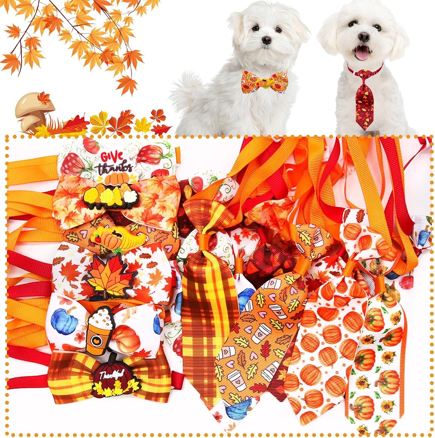 22pcs Fall Dog Bow Tie, Adjustable Bowtie Collar Attachment for Small Medium Pets, Bulk Neckties Set for Thanksgiving Day,Autumn Pet Supplies Charms Hair Costume Accessories(Maple Leaf, Pumpkin) - Image 5