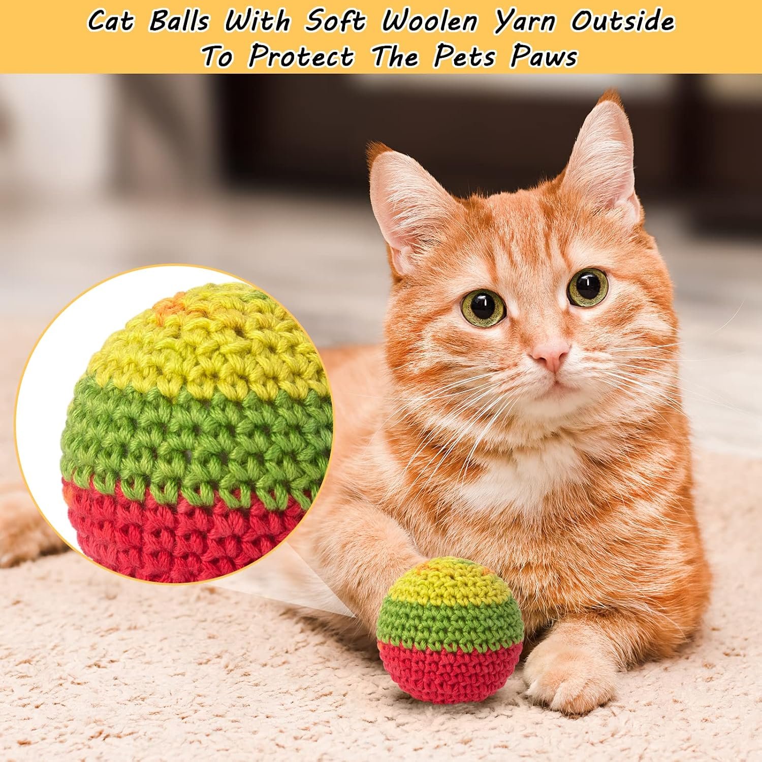 Retro Shaw Cat Toys Balls, Wool Yarn Cat Ball with Bell Inside, 6Pcs - Image 2
