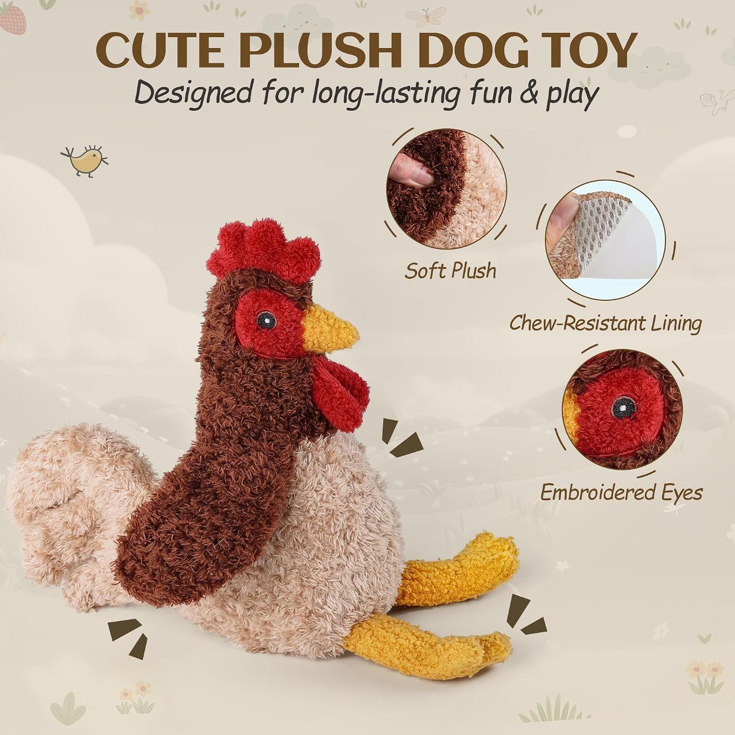 ALL FOR PAWS Chicken Squeaky Dog Toy, Plush Stuffed Animal Toy for Small Medium Large Dogs, Puppy Chew Toy with Squeaker & Crinkle, Interactive Rooster Pet Toy for Boredom Relief & Training - Image 4