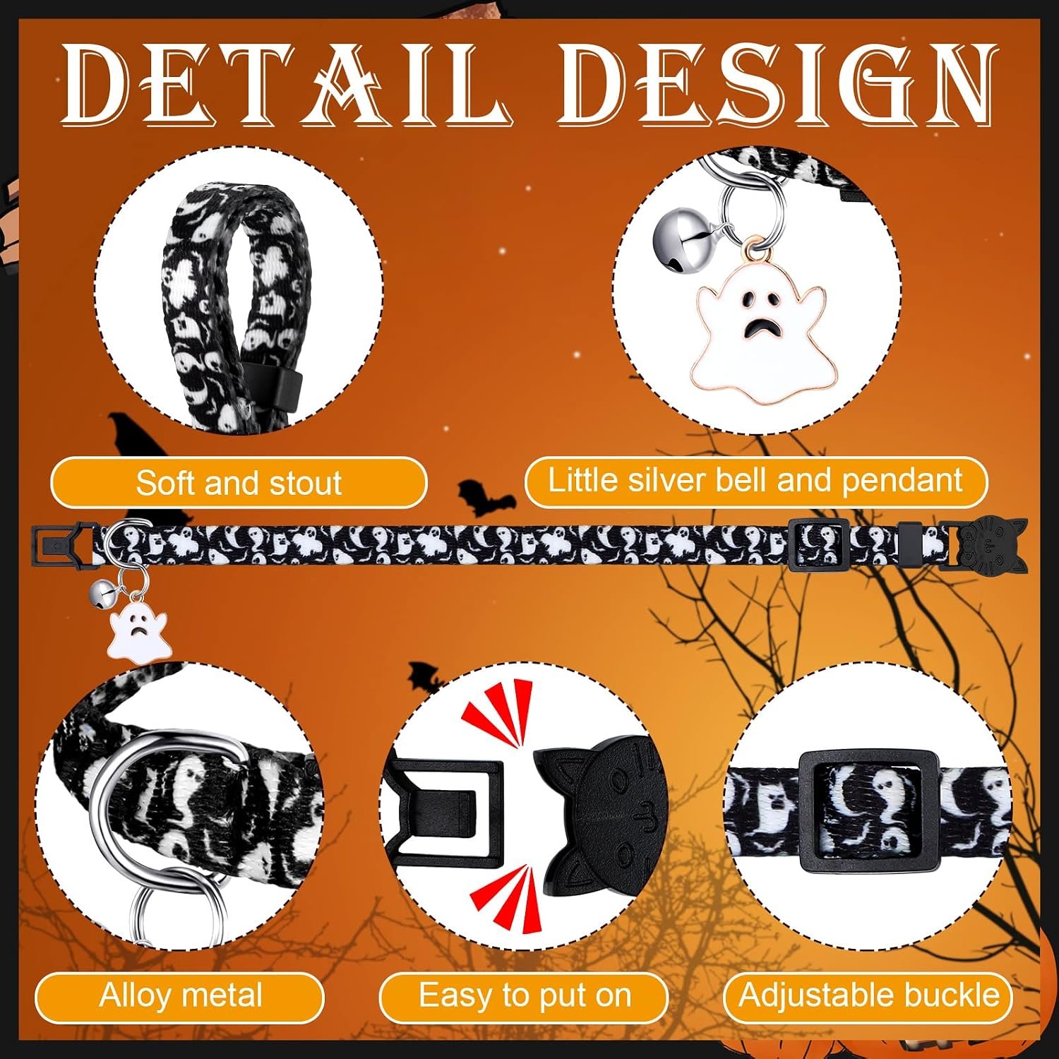 Sanwuta 8 Pcs Halloween Cat Collars Breakaway with Bell, Adjustable Buckle - Image 6