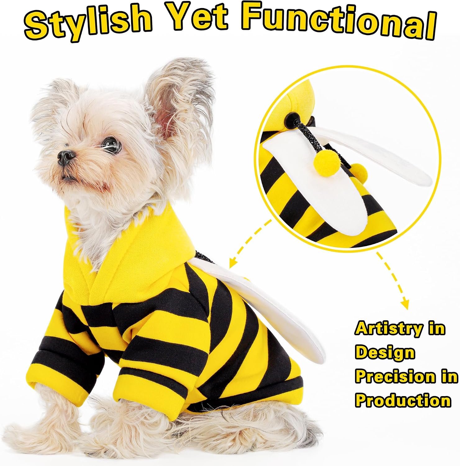Adorable Bumblebee Halloween Costume Hoodie for Medium Dogs: Featuring Fun Wings and a Cozy Black and Yellow Sweatshirt Design, Perfect for Cosplay and Festive Celebrations! XXS - Image 6
