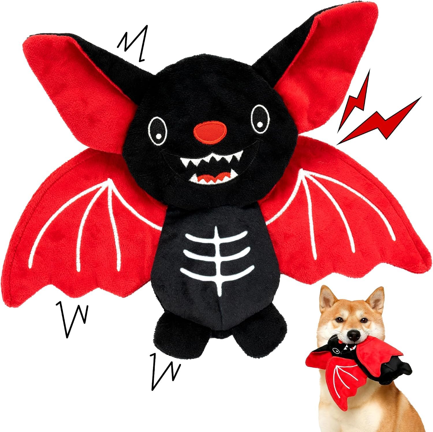 Halloween Squeaky Dog Toy - Bat Plush Dog Chew Toy with Crinkle Paper, Durable No Stuffing Dog Toy for Small, Medium & Large Breeds, Festive Halloween Pet Toy
