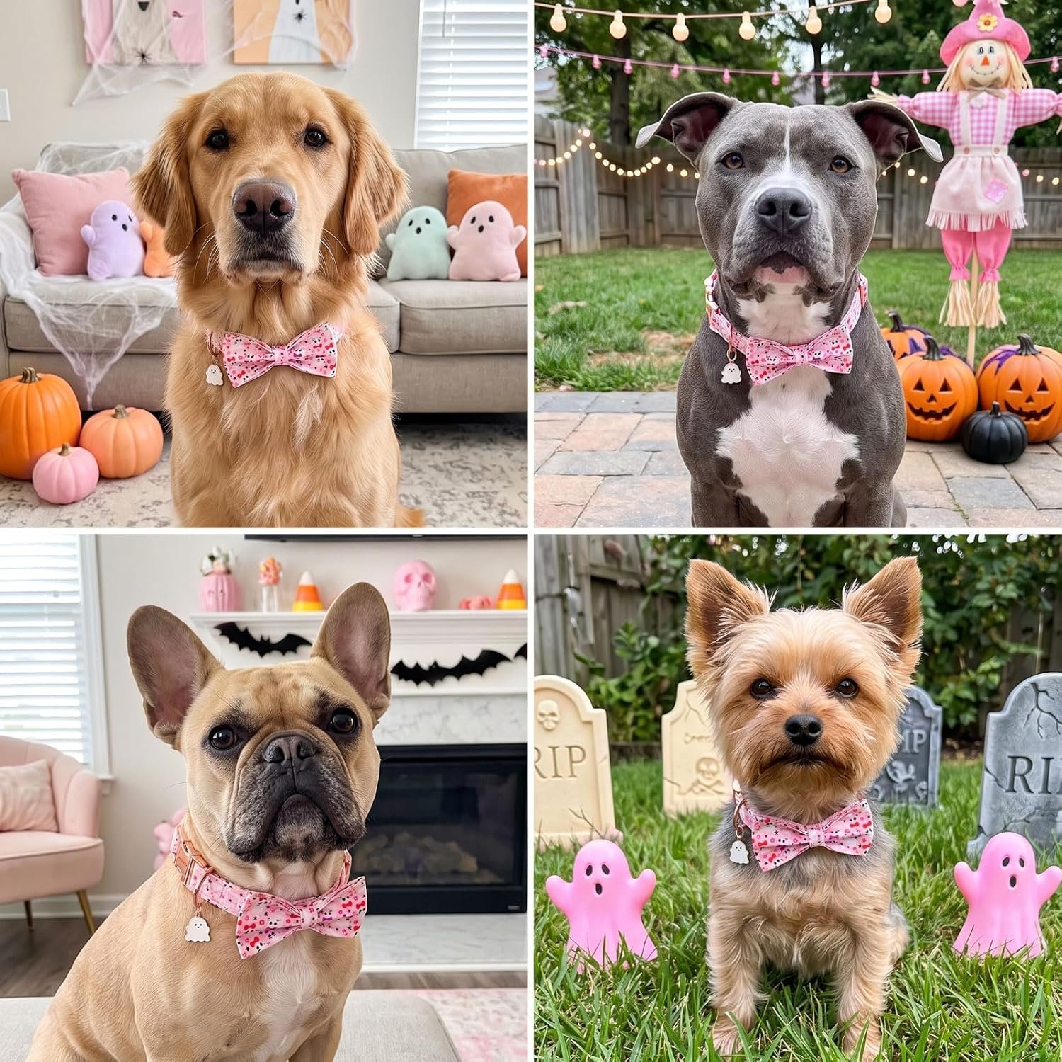 PTDECOR Pink Halloween Dog Collar Girl, Cute Ghost Dog Collar Bow, Medium - Image 2