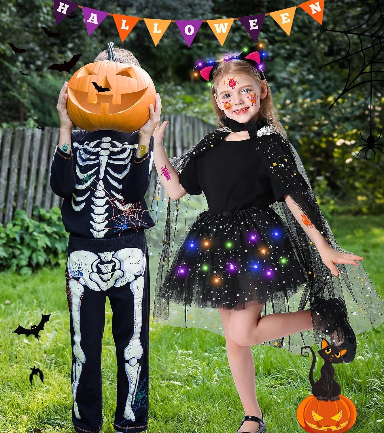 Black Cat Costume & Cape for Girls, Light Up Kid Halloween Costume for Girl - Image 4