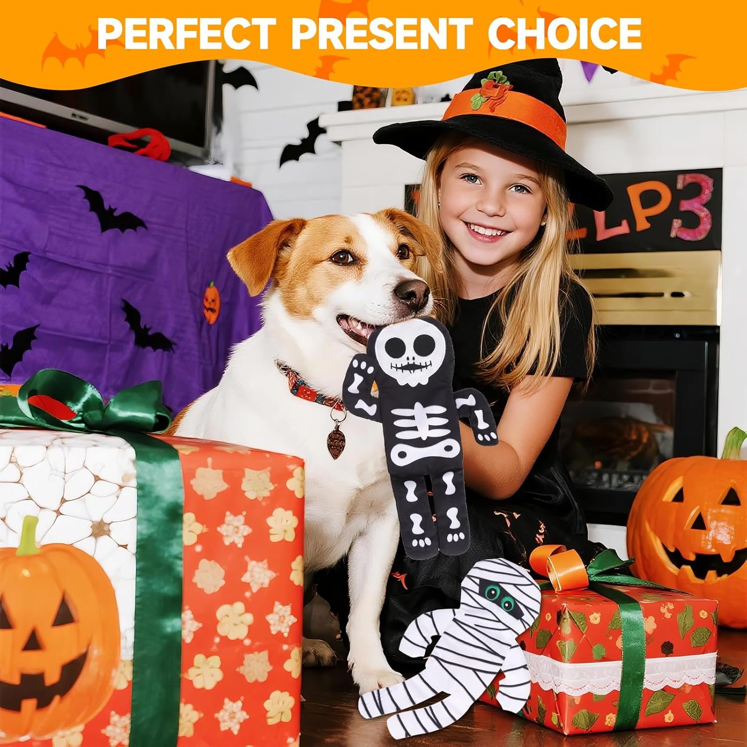 PAWCHIE Halloween Squeaky Dog Toys 2 Pcs for Small Medium Dogs,No Stuffing Crinkle Puppy Toy,Soft Pet Plush Teething Toys Mess-Free Interactive Chew Toy for Boredom Ideal, Skeleton & Mummy - Image 6