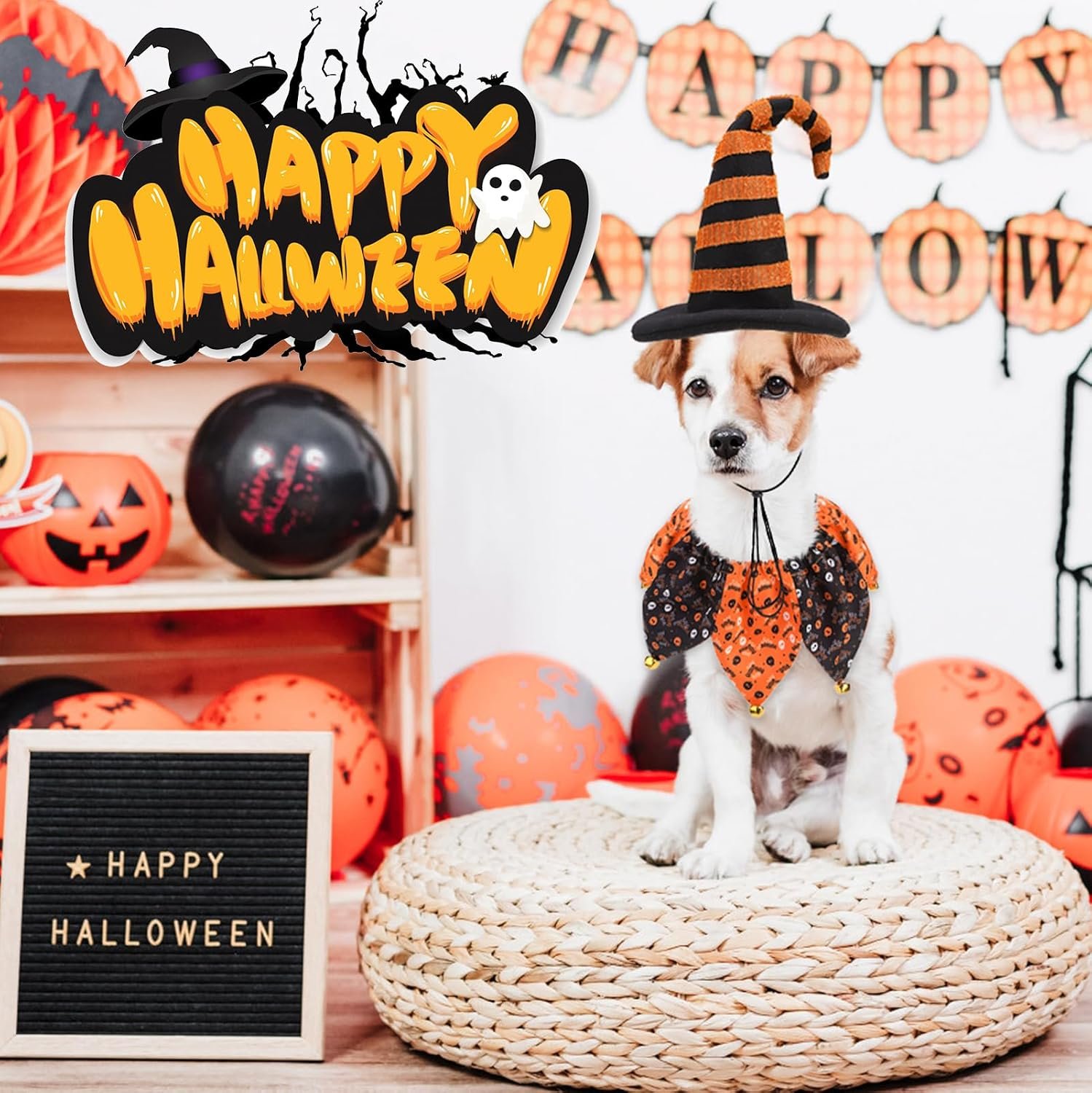 PAWCHIE Dog Halloween Costume,Halloween Collar Hat Set Pets Puppy Cat Halloween Outfit Apparel Cosplay, Dog Collar with Bells and Funny Hat Accessories Decoration for Small Medium Dogs 2 Pcs, Orange - Image 8