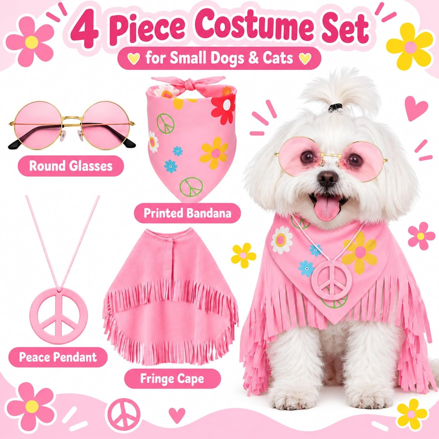 Huhumy Hippie Dog Halloween Costume Funny Dog Outfits with Pink Cloak Bandana Glasses Necklace Dress up Pet Clothes (Small) - Image 3