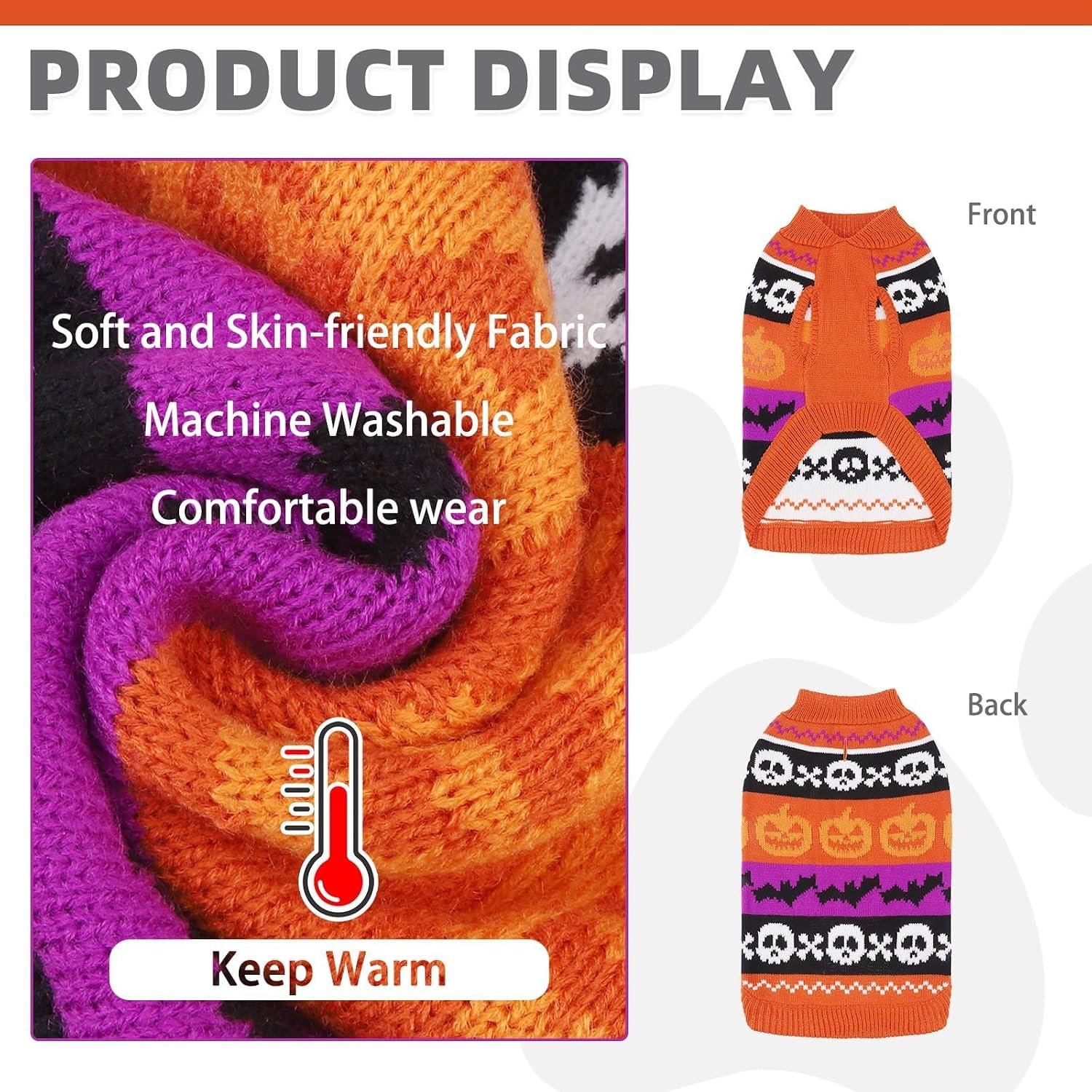 KOOLTAIL Halloween Dog Sweater Costume Fall Winter Clothes - Soft Pumpkin Knitwear Dog Cold Weather Coat, Pet Sweatshirt Pullover Outfit for Small Medium Large Dogs Puppy Cats Girls Boys Orange SM - Image 3