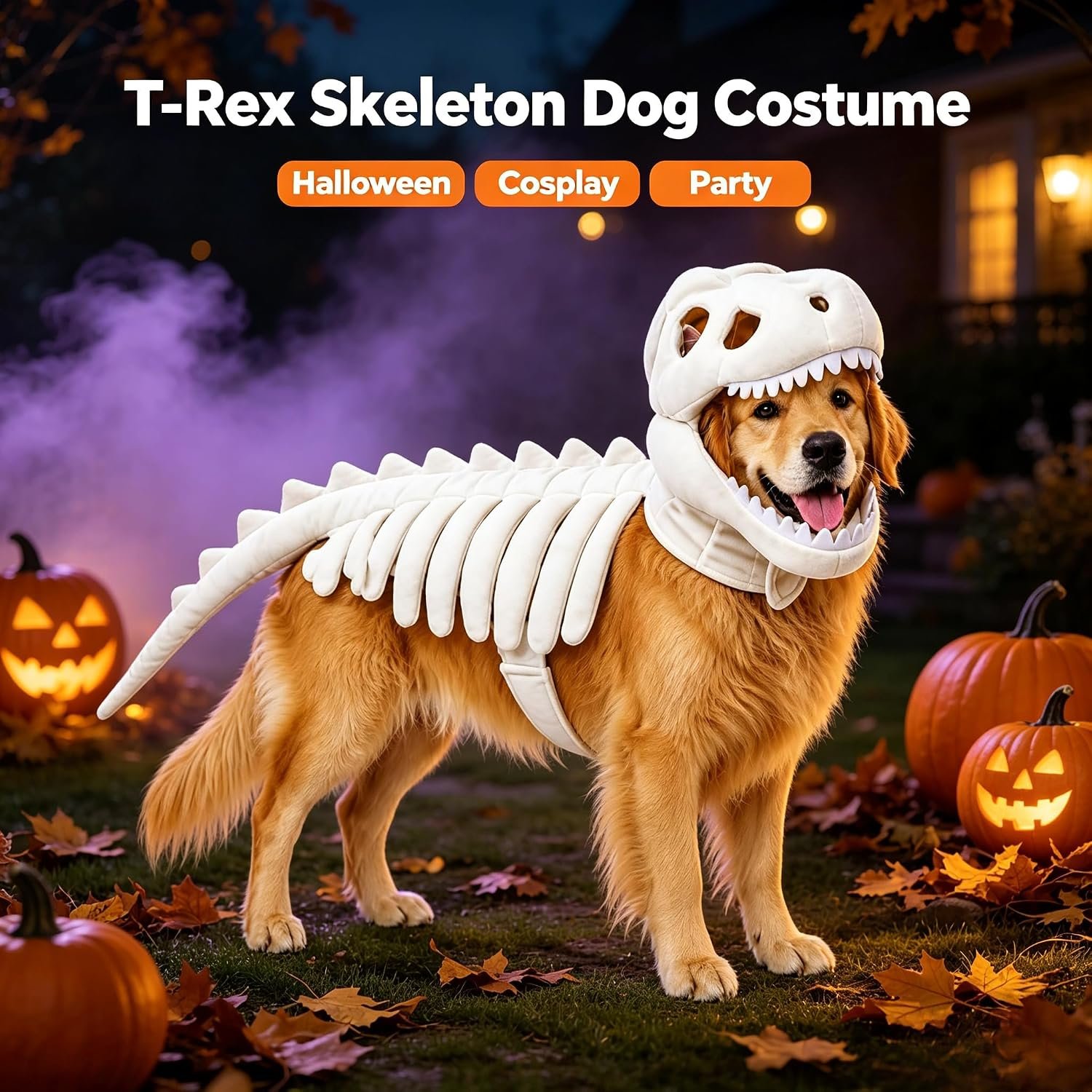 Dog Dinosaur Costume, Funny Dino Skull Head & Bone Body Outfit for Medium Large Dogs Halloween Party Cosplay Dress‑up - Image 2