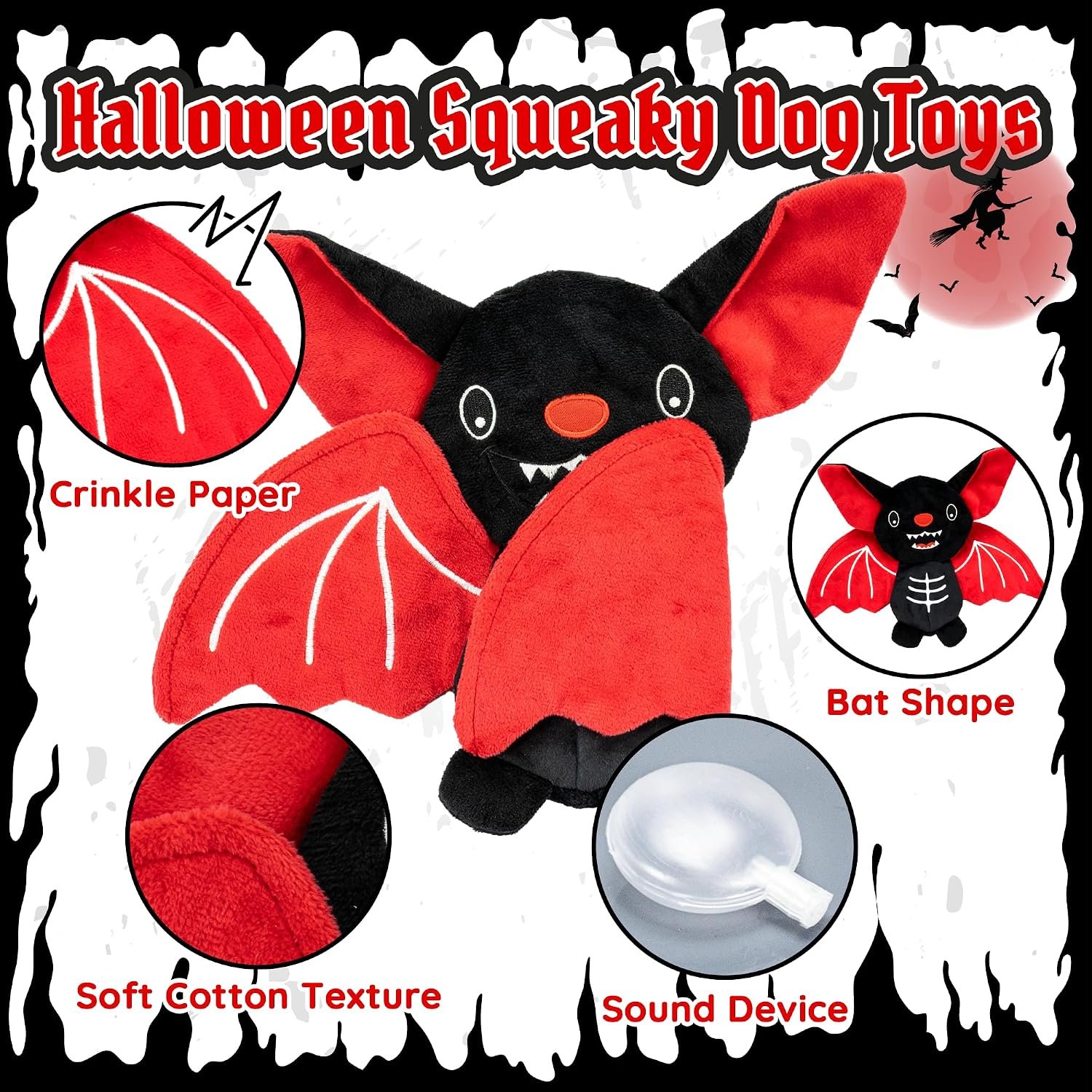 Halloween Squeaky Dog Toy - Bat Plush Dog Chew Toy with Crinkle Paper, Durable No Stuffing Dog Toy for Small, Medium & Large Breeds, Festive Halloween Pet Toy - Image 2