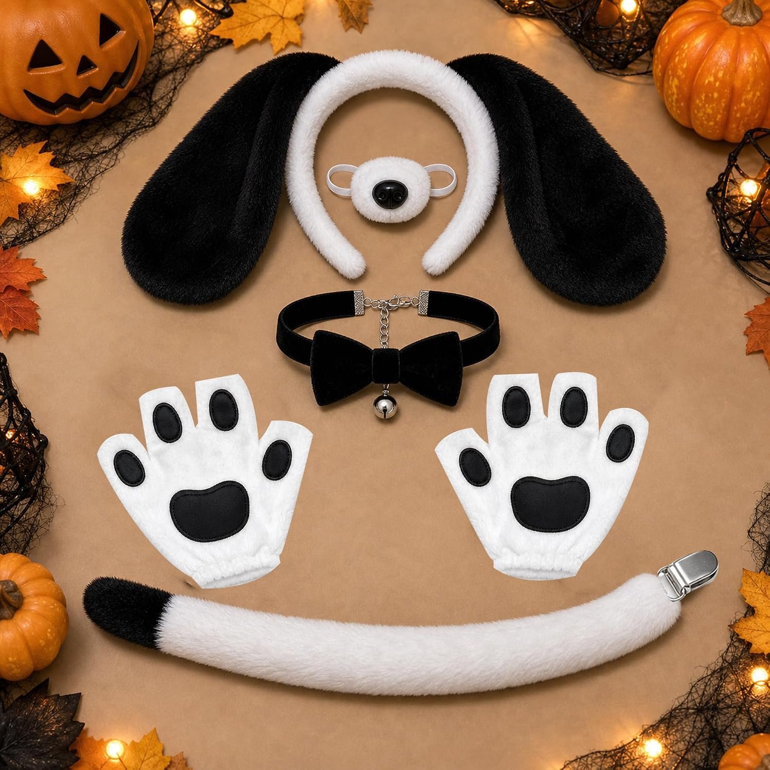 6PCS Puppy Dog Costume Set for Adults, Puppy Dog Ears Headband, Paw Gloves, Dog Nose, Tail, Bow Tie & Bell Collar, Halloween Dog Cosplay Costume Accessories - Image 5