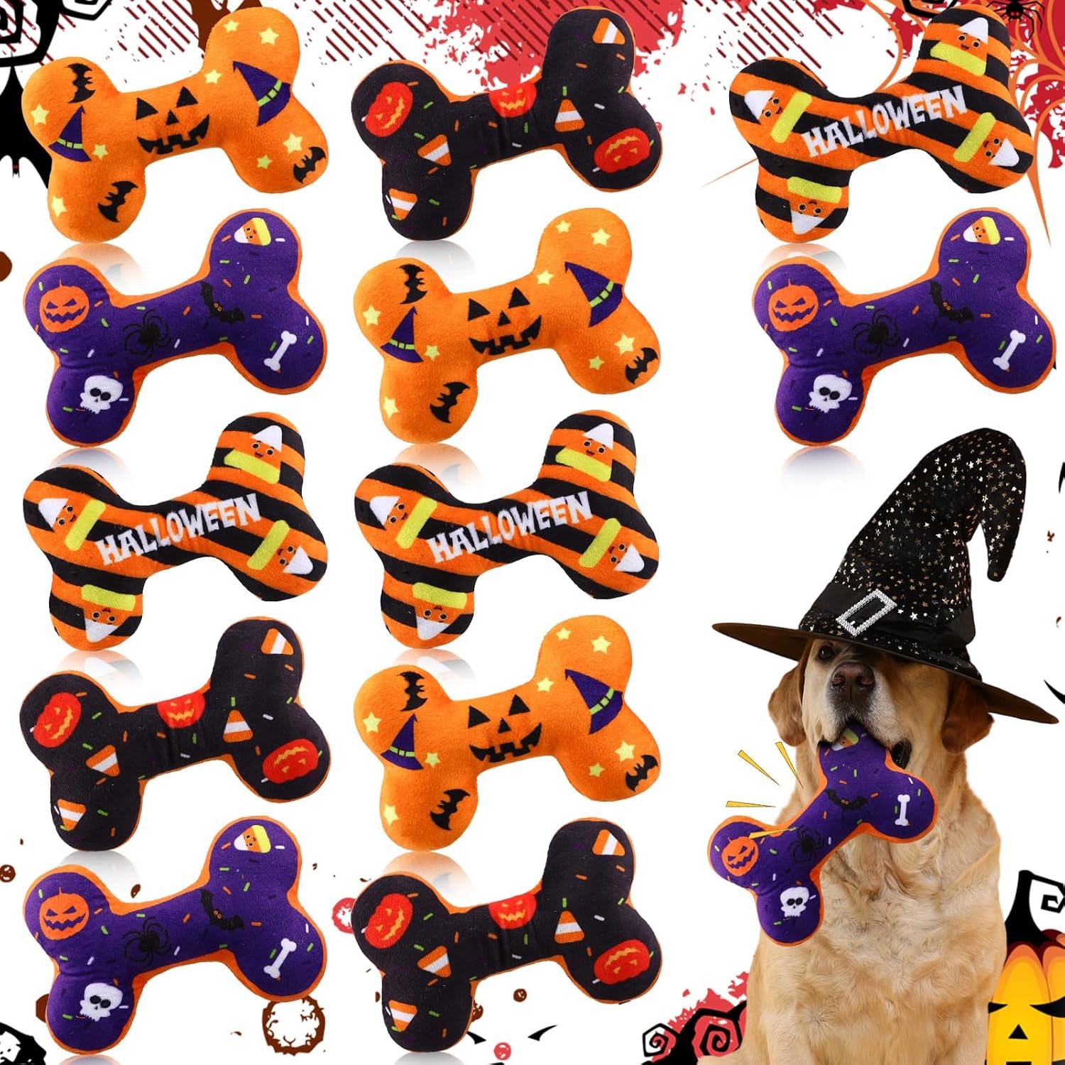 12 Pcs Halloween Squeaky Dog Toys P...