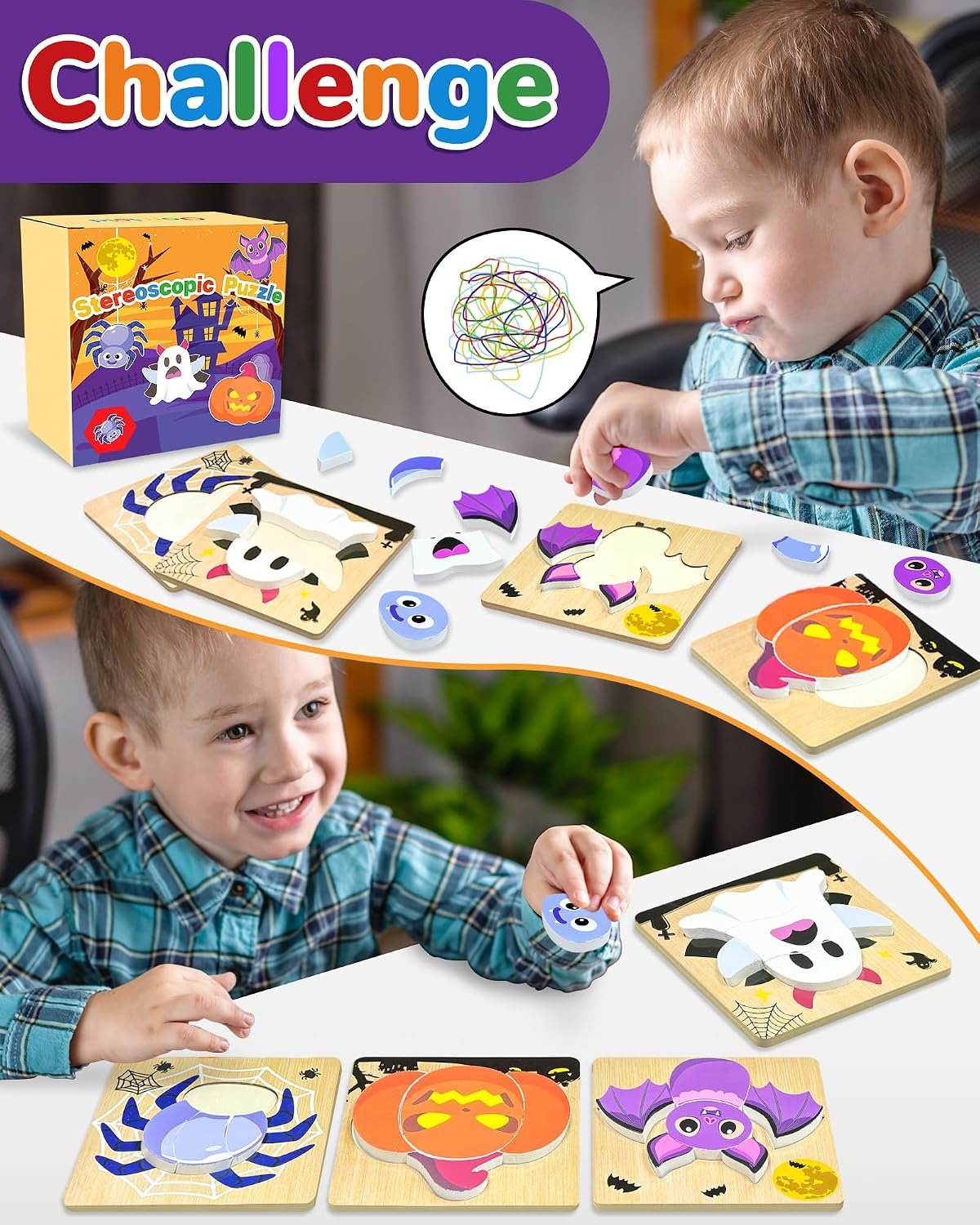4 Pack Halloween Wooden Puzzles for Kids,Halloween Boo Basket Stuffers Party Favors Treats, Montessori Toys Birthday Gifts for Kids Boys Girls - Image 2