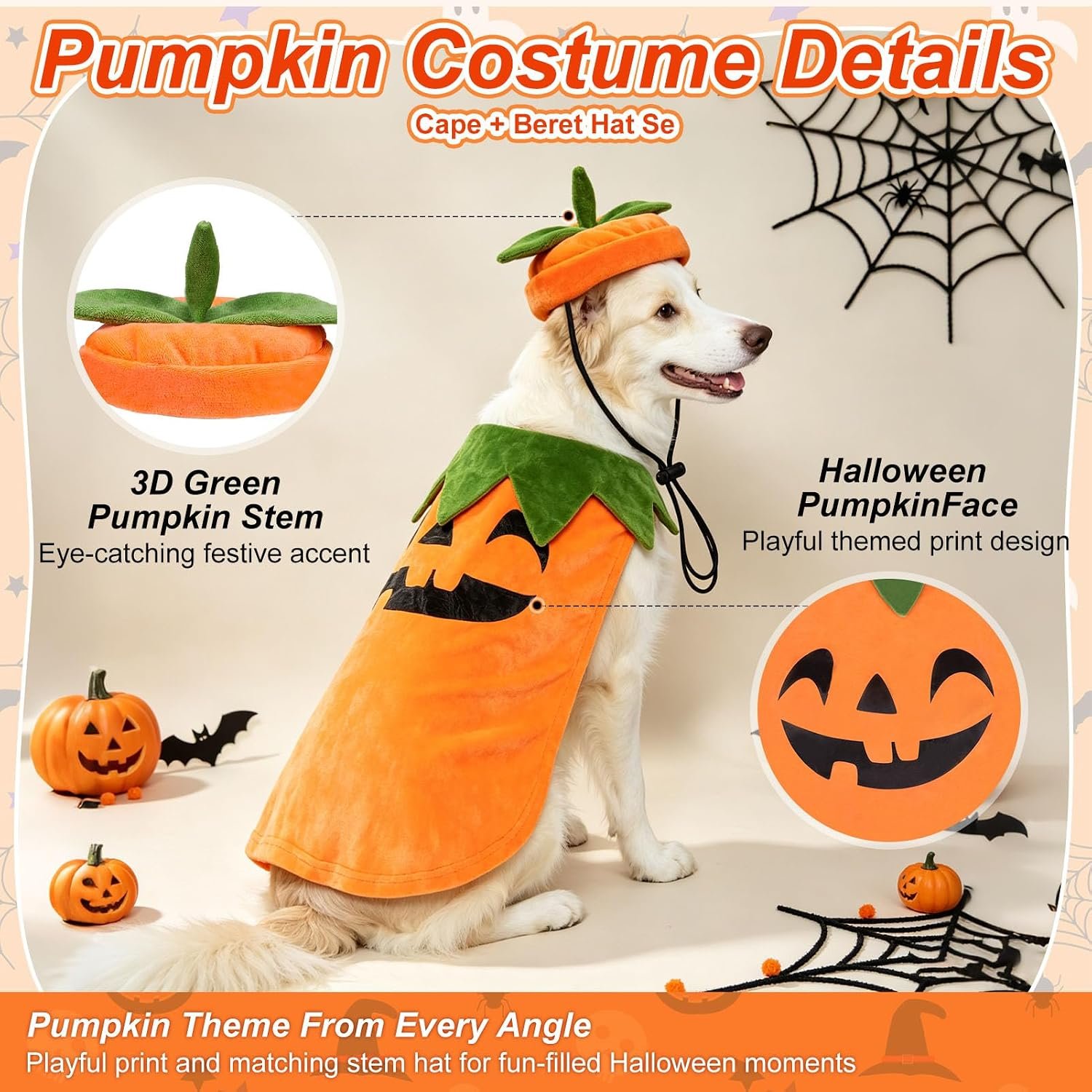 BEAUTYZOO Halloween Dog Pumpkin Costume, 2PCS Dog Halloween Costumes Cape,L - Image 4