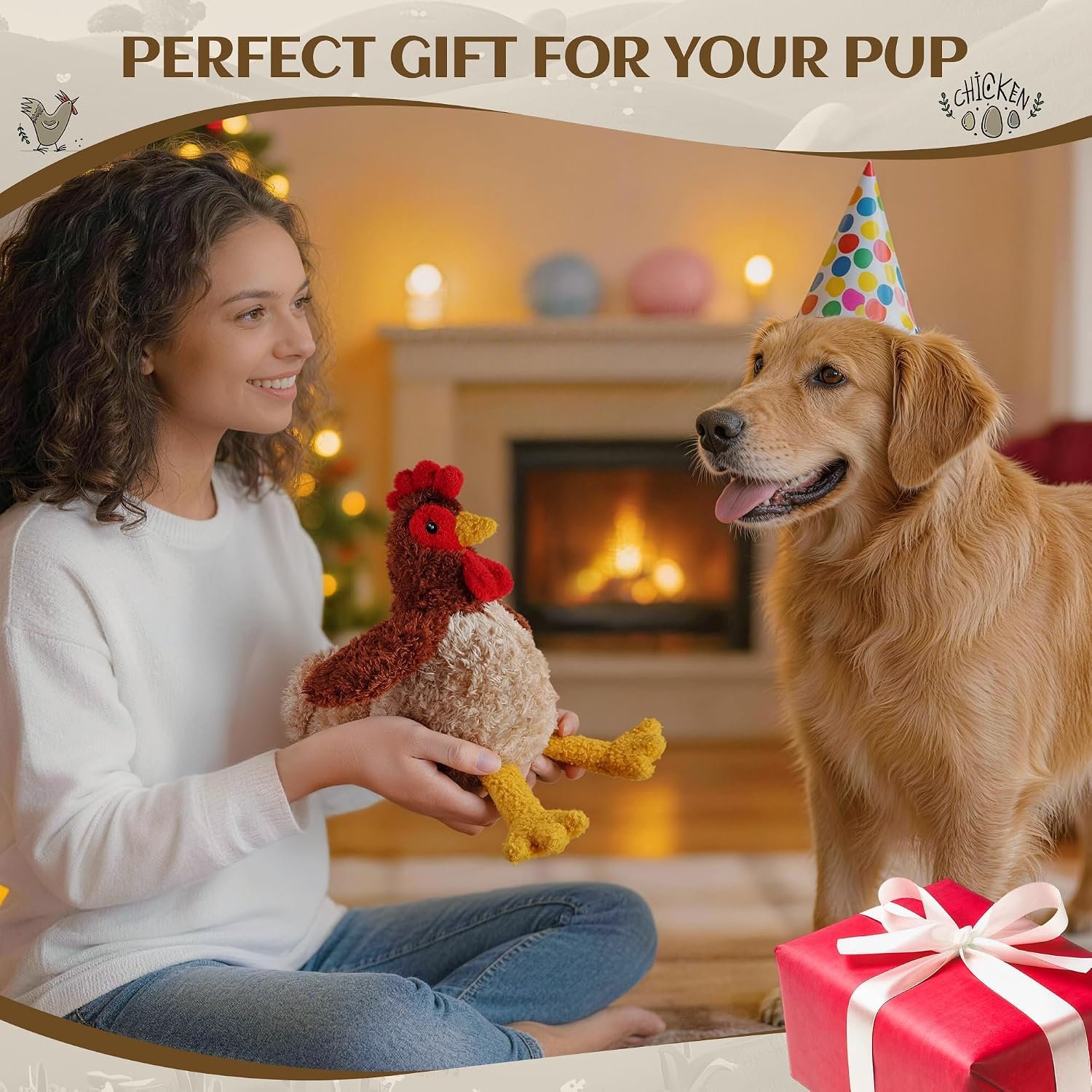 ALL FOR PAWS Chicken Squeaky Dog Toy, Plush Stuffed Animal Toy for Small Medium Large Dogs, Puppy Chew Toy with Squeaker & Crinkle, Interactive Rooster Pet Toy for Boredom Relief & Training - Image 8