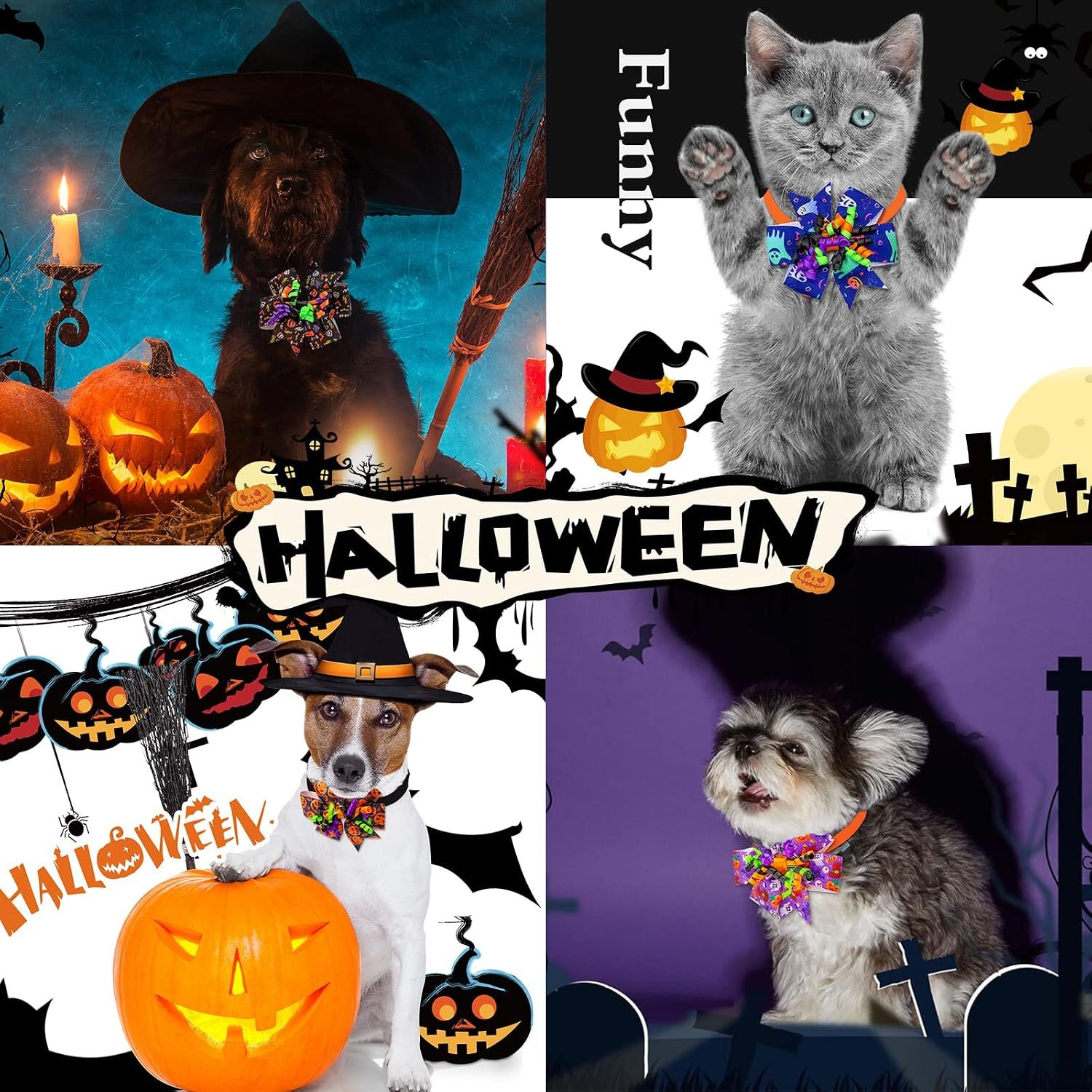 22Pcs Halloween Pet Bow Tie Set, Adjustable Halloween Neck Tie with Pumpkin Ghost Bat Decor for Pet Cats and Dogs - Image 5