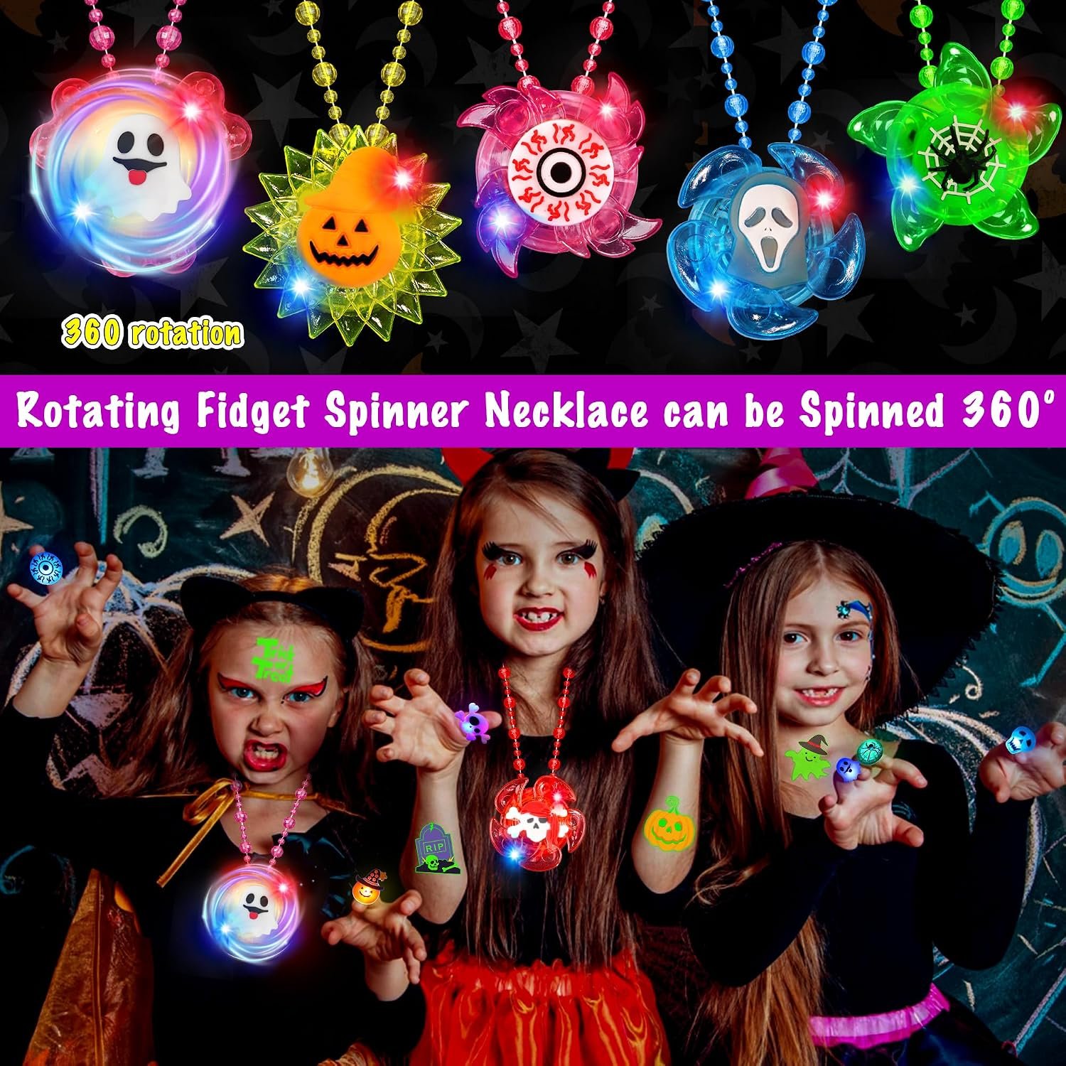 HIPYGYM 100PCS Halloween Party Favors for Kids Boys Girls, Halloween Glow in The Dark Toys Bulk Light Up Necklace LED Rings Halloween Goodie Bag Fillers Treats for Classroom Prizes Trick or Treat - Image 4