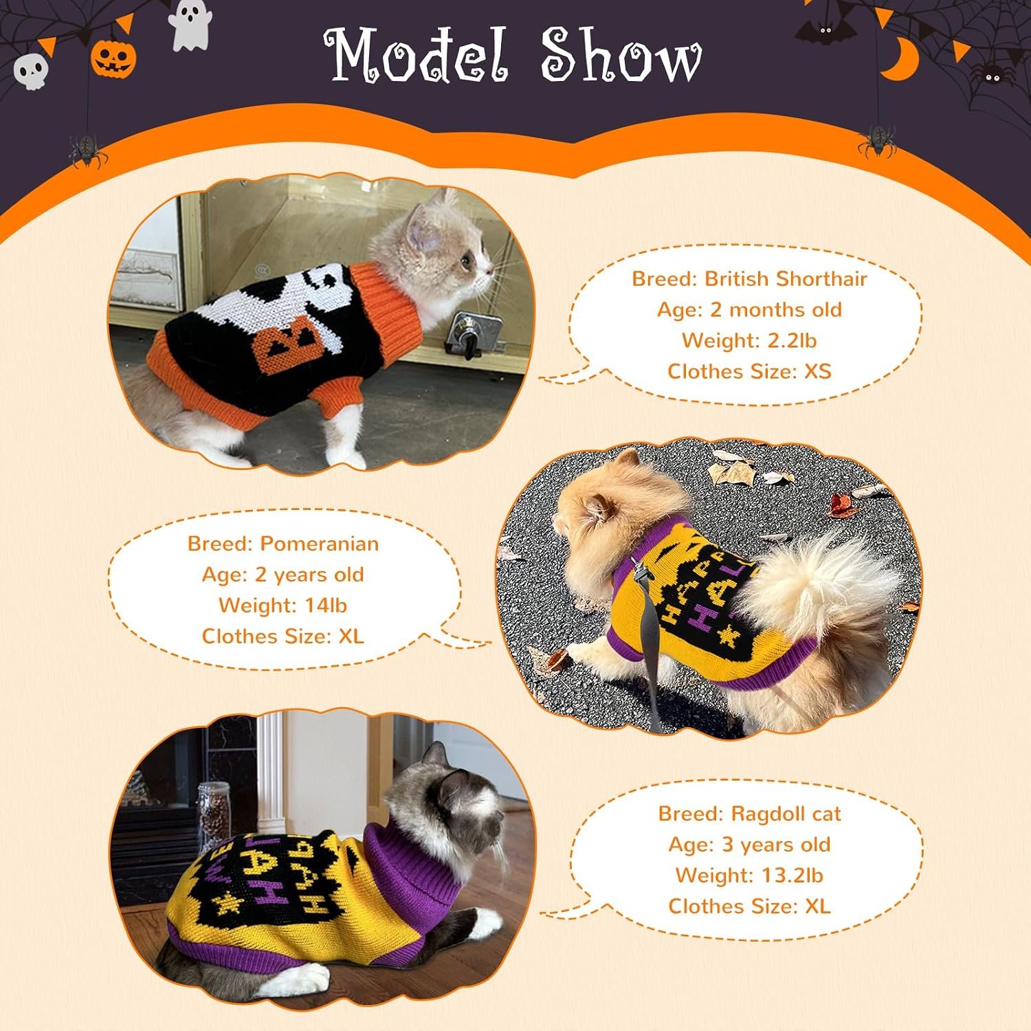 2Pcs Halloween Dog Sweaters Kitten Cat Knitwear Puppy Cat Halloween Pumpkin Ghost Sweater Pet Halloween Sweater Clothes Outfit Costume for Kittens Cats Puppies Small Medium Dogs XS - Image 4
