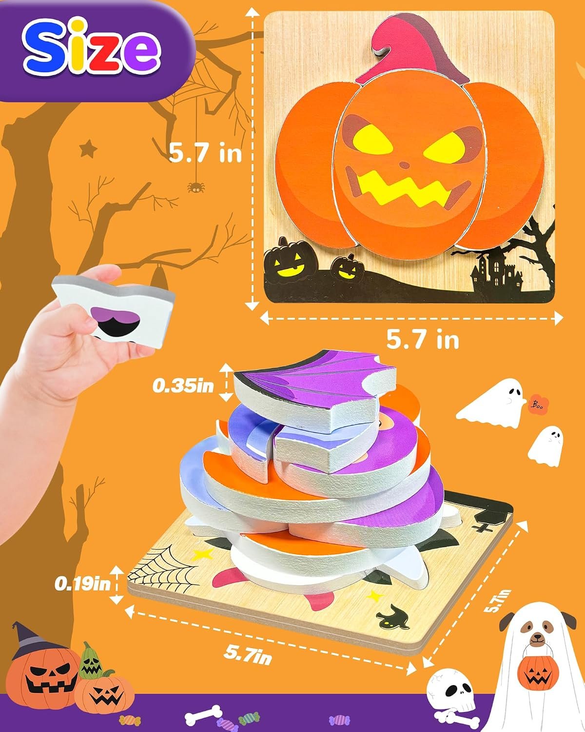 4 Pack Halloween Wooden Puzzles for Kids,Halloween Boo Basket Stuffers Party Favors Treats, Montessori Toys Birthday Gifts for Kids Boys Girls - Image 6