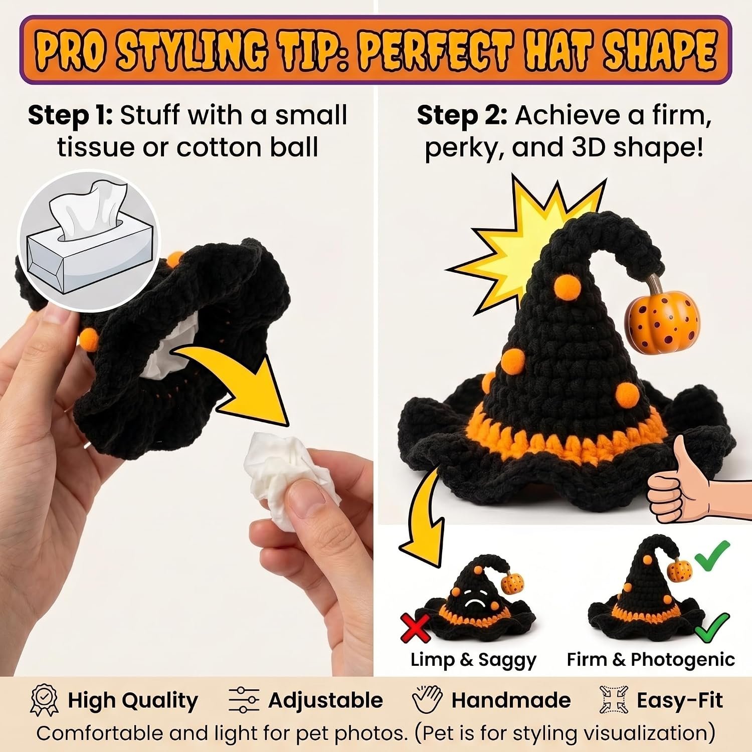 Halloween Dog Costume - Black Witch Hat & Halloween Outfit for Cats and Small Sized Dogs,Handmade Festive Halloween Pet Apparel with Pumpkin Design for Party & Photos - Image 7