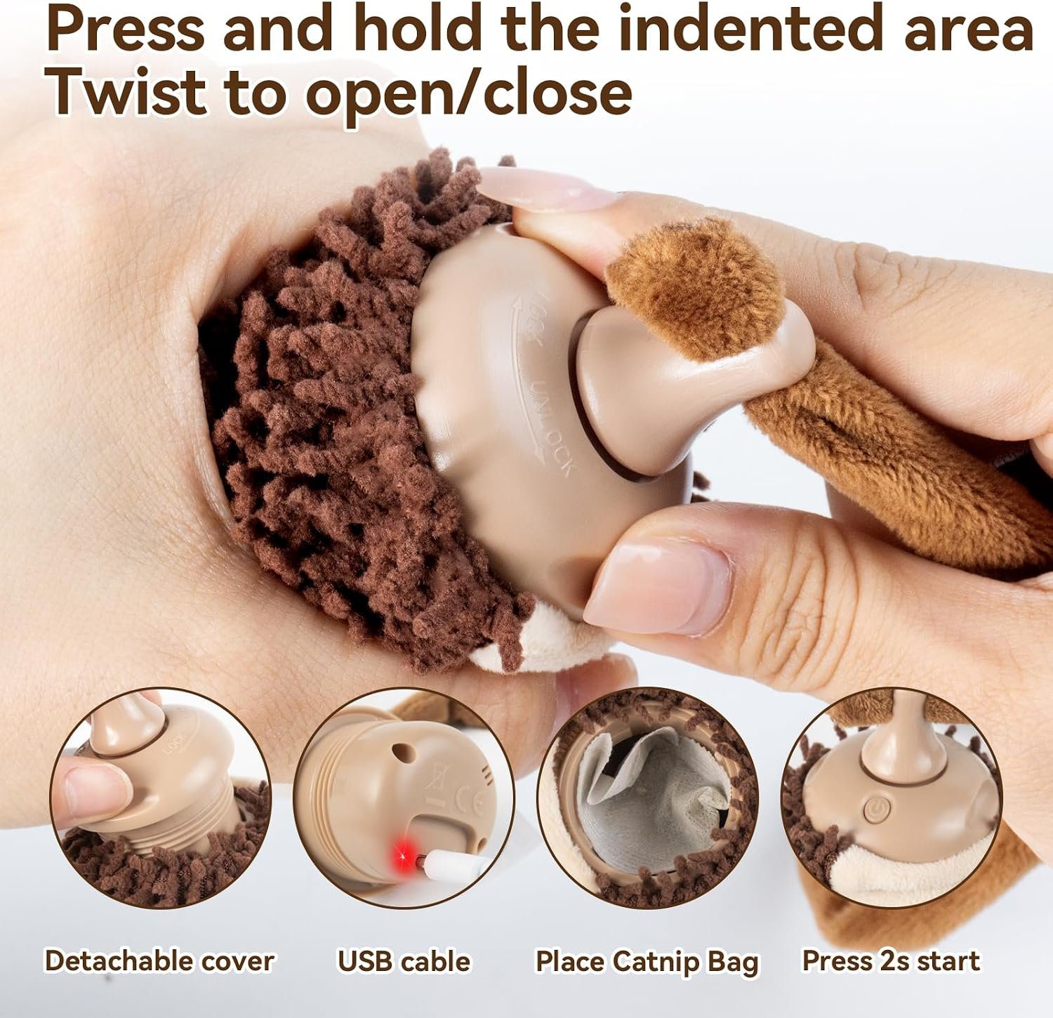 Migipaws Interactive Hedgehog Cat Toy 360° Rolling & Spin with Soft Plush Tail for Indoor Cats Smart Motion Sensor, Realistic Squeak, Rechargeable Plush Kitten Toy (Brown) - Image 5