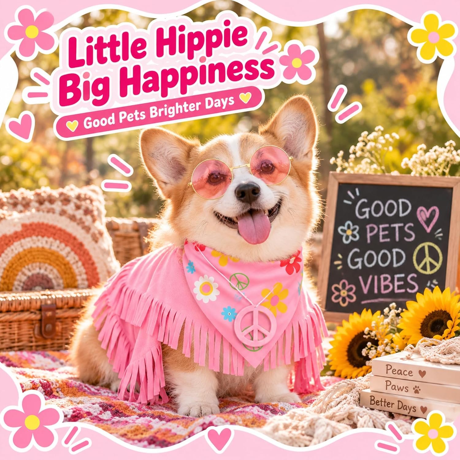 Huhumy Hippie Dog Halloween Costume Funny Dog Outfits with Pink Cloak Bandana Glasses Necklace Dress up Pet Clothes (Small) - Image 5