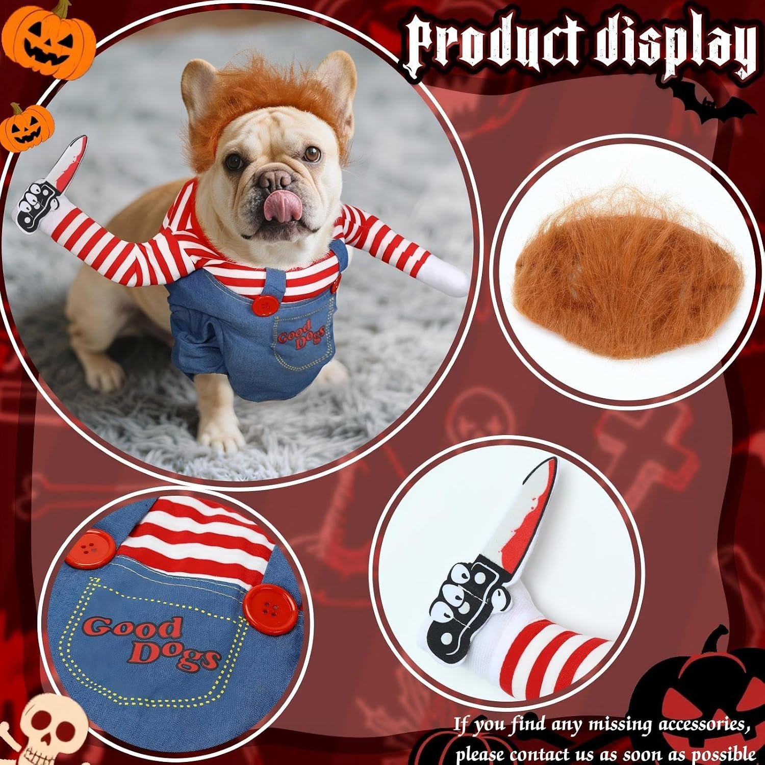 T2Y Dog Halloween Costume Pet Deadly Doll Chucky Dogs Costume with Knife & Wig, Dog Costumes for Medium Dogs Funny Party Cosplay Halloween for Corgi, Pug, Frenchie, Dachshund【M】 - Image 5