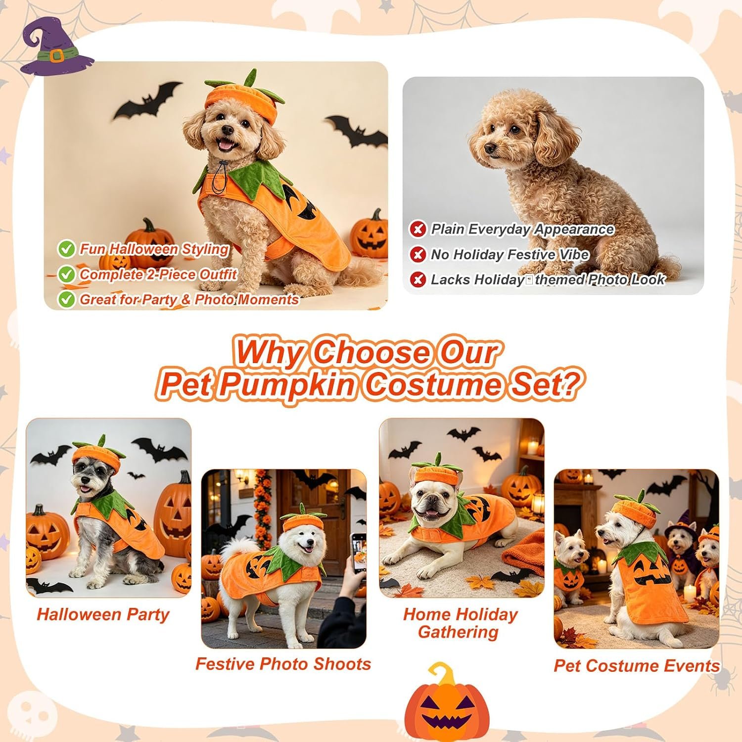 BEAUTYZOO Halloween Dog Pumpkin Costume, 2PCS Dog Halloween Costumes Cape,L - Image 5