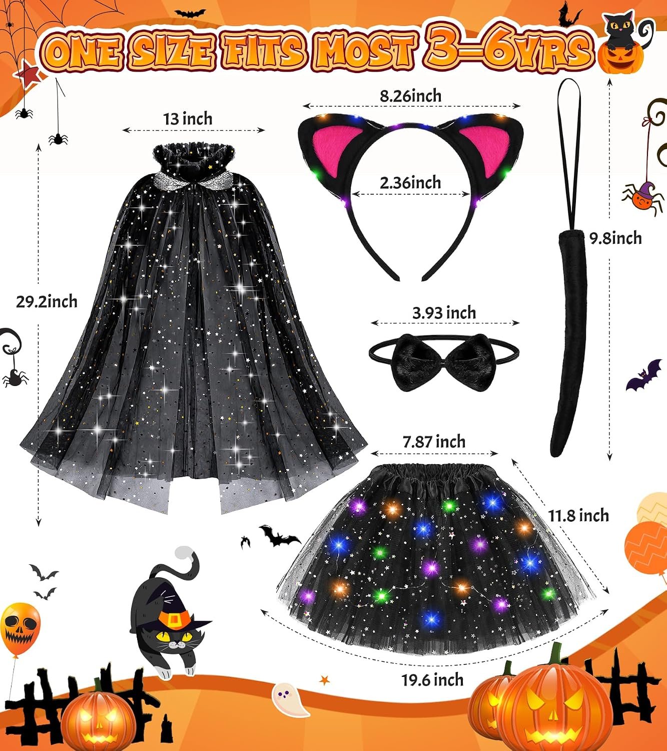 Black Cat Costume & Cape for Girls, Light Up Kid Halloween Costume for Girl - Image 7