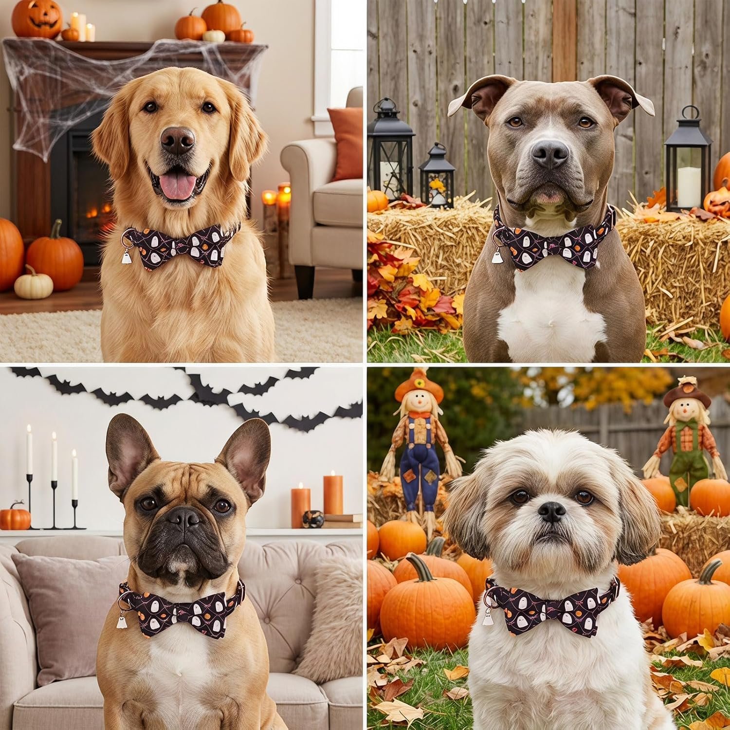 PTDECOR Halloween Dog Collar with Bow, Pumpkin Ghost Dog Collar, Medium - Image 2