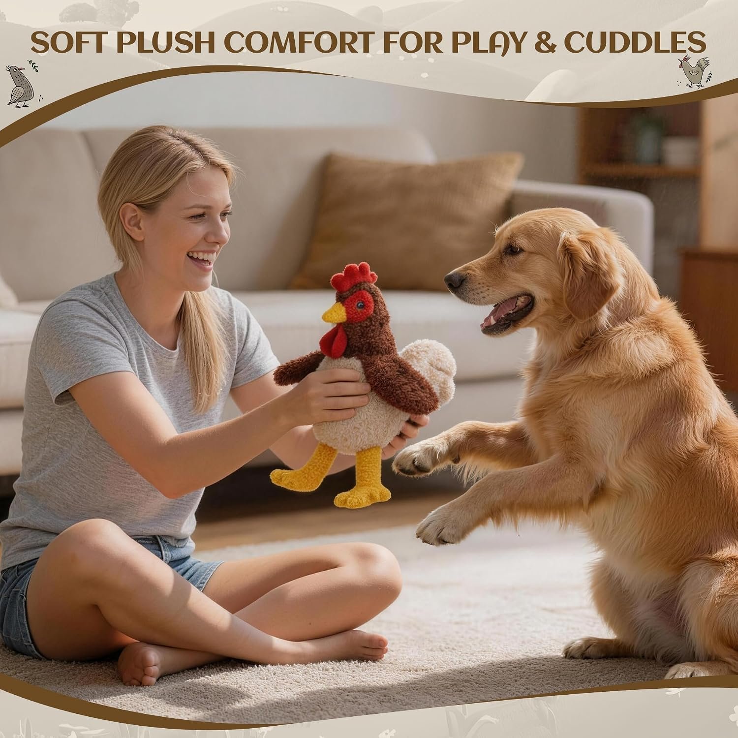 ALL FOR PAWS Chicken Squeaky Dog Toy, Plush Stuffed Animal Toy for Small Medium Large Dogs, Puppy Chew Toy with Squeaker & Crinkle, Interactive Rooster Pet Toy for Boredom Relief & Training - Image 7