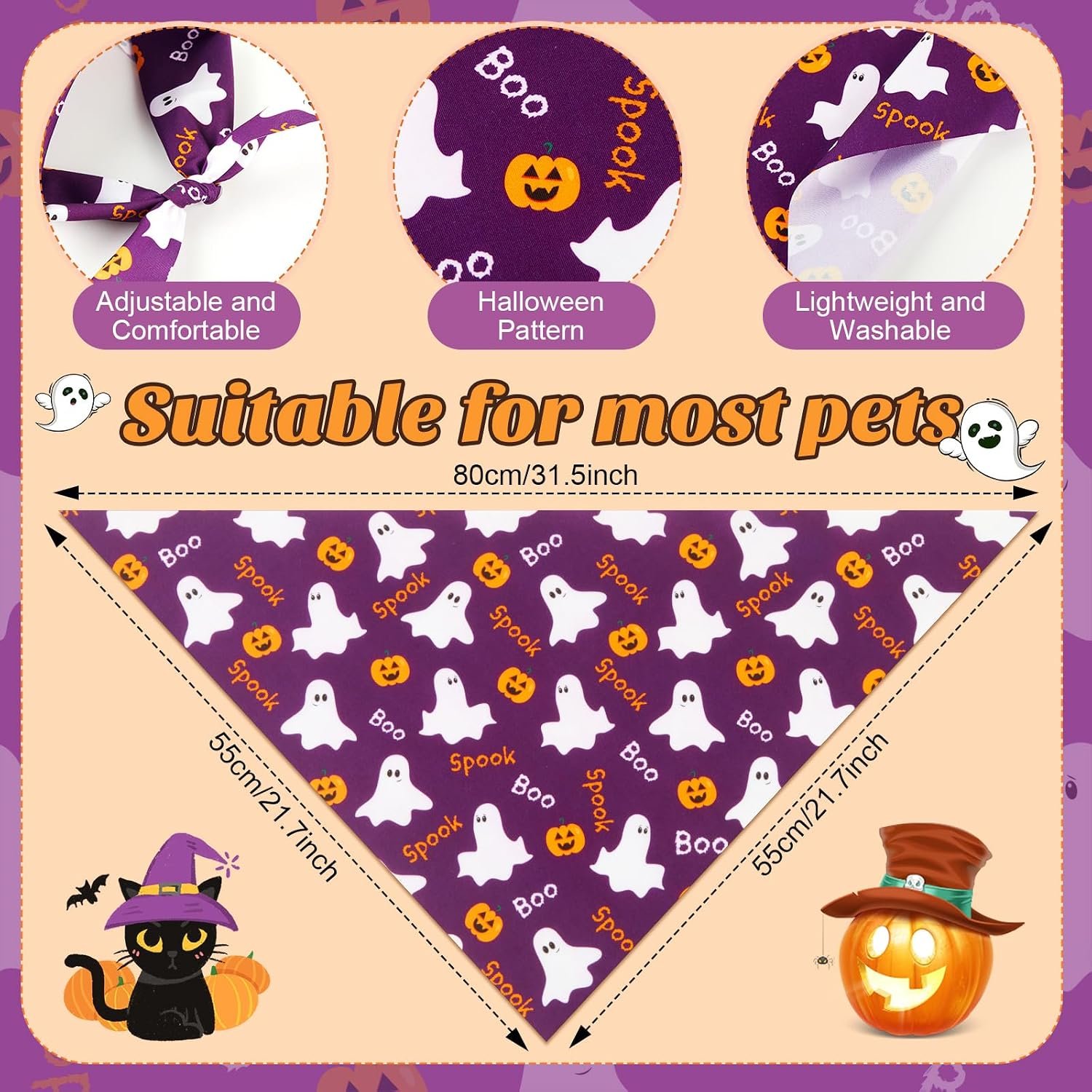 Preboun 50 Pcs Halloween Dog Bandanas Bulk, Pumpkin Ghost Bat Spider Web - Image 3