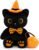 Halloween Stuffed Animal,Black Cat Plush With Pumpkin Bag & Witch Hat
